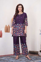 Sonakshi Women's Purple Cotton Printed Straight Top & Bottom Set | Grocsy