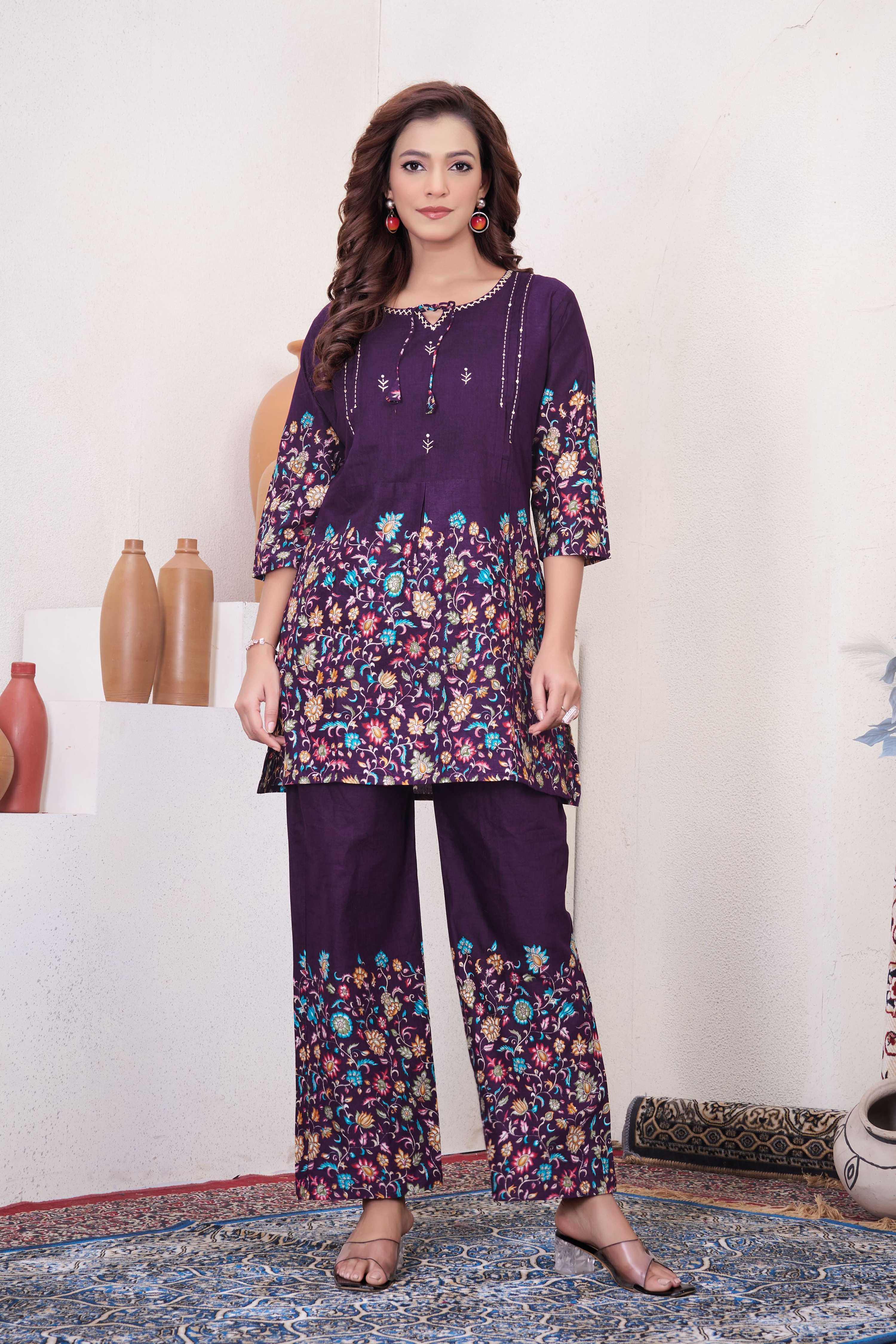 Sonakshi Women's Purple Cotton Printed Straight Top & Bottom Set | Grocsy
