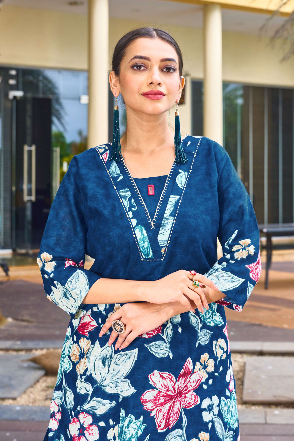 Sonakshi Women's Blue Cotton Printed Straight Top & Bottom Set | Grocsy