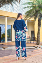 Sonakshi Women's Blue Cotton Printed Straight Top & Bottom Set | Grocsy