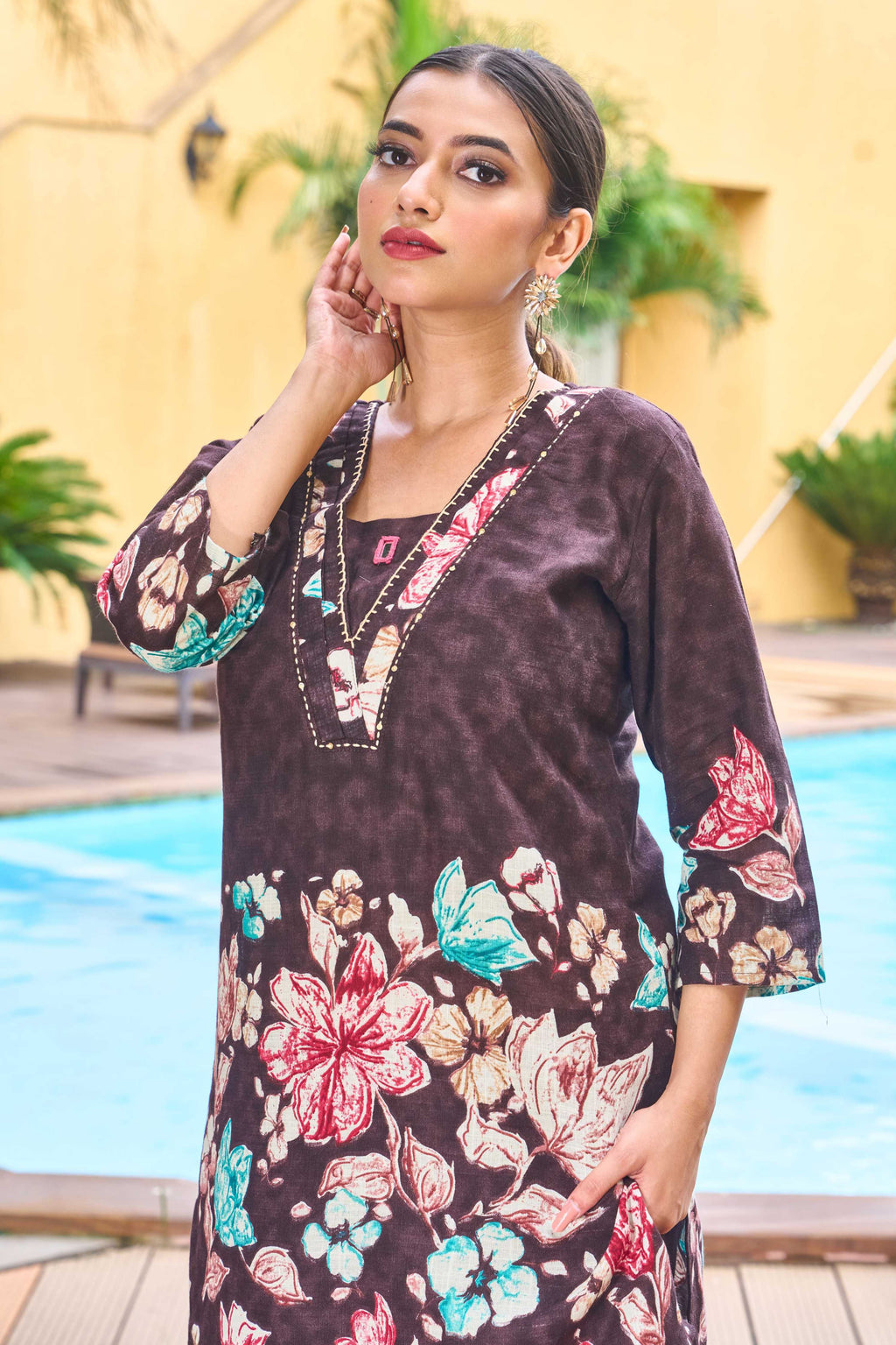 Sonakshi Women's Coffee Cotton Printed Straight Top & Bottom Set | Grocsy