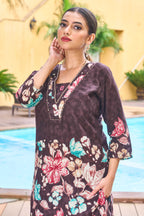 Sonakshi Women's Coffee Cotton Printed Straight Top & Bottom Set | Grocsy