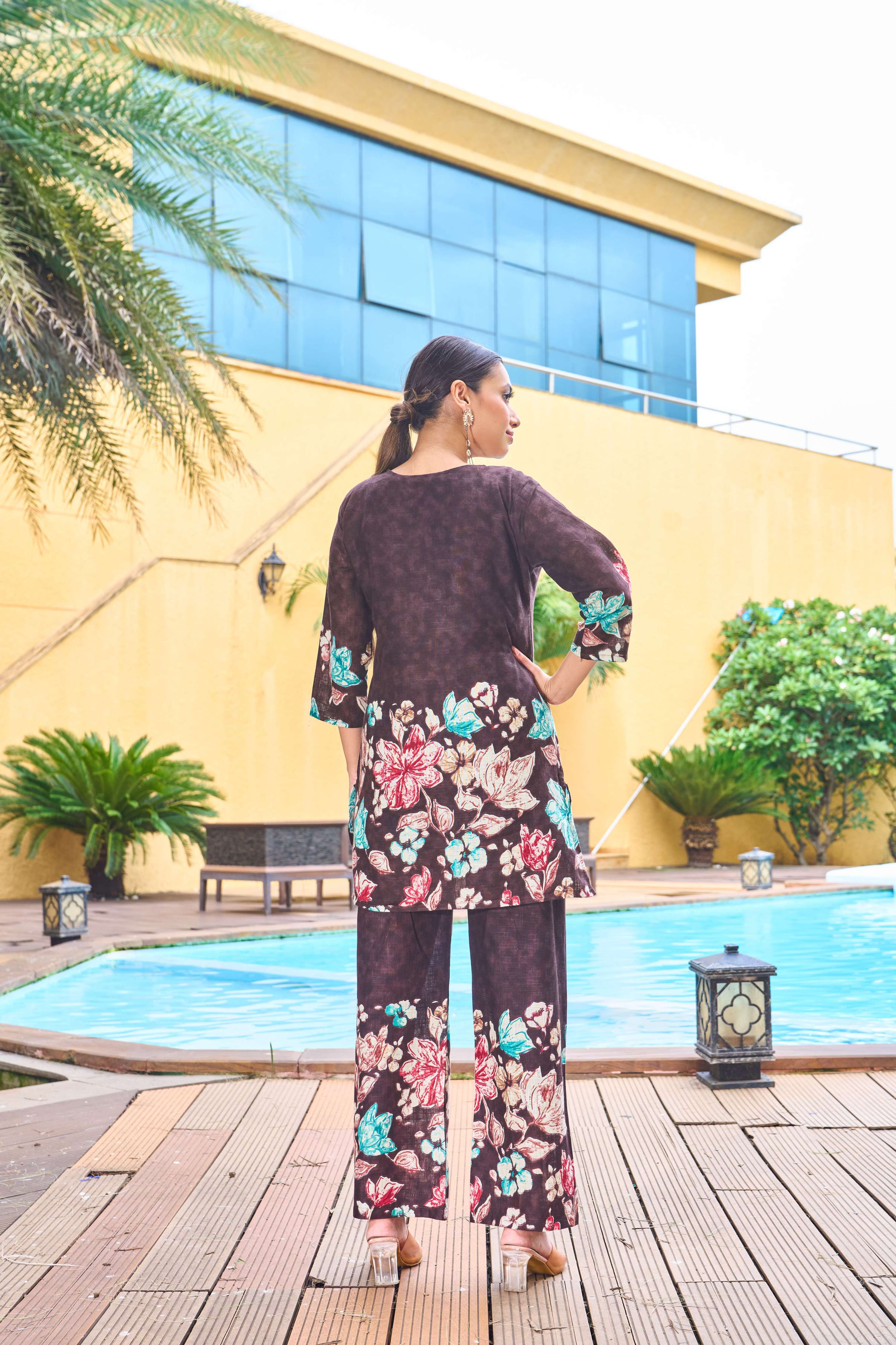 Sonakshi Women's Coffee Cotton Printed Straight Top & Bottom Set | Grocsy