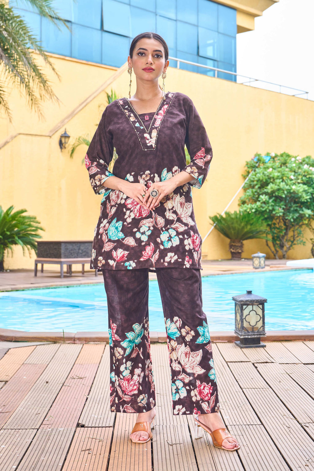 Sonakshi Women's Coffee Cotton Printed Straight Top & Bottom Set | Grocsy