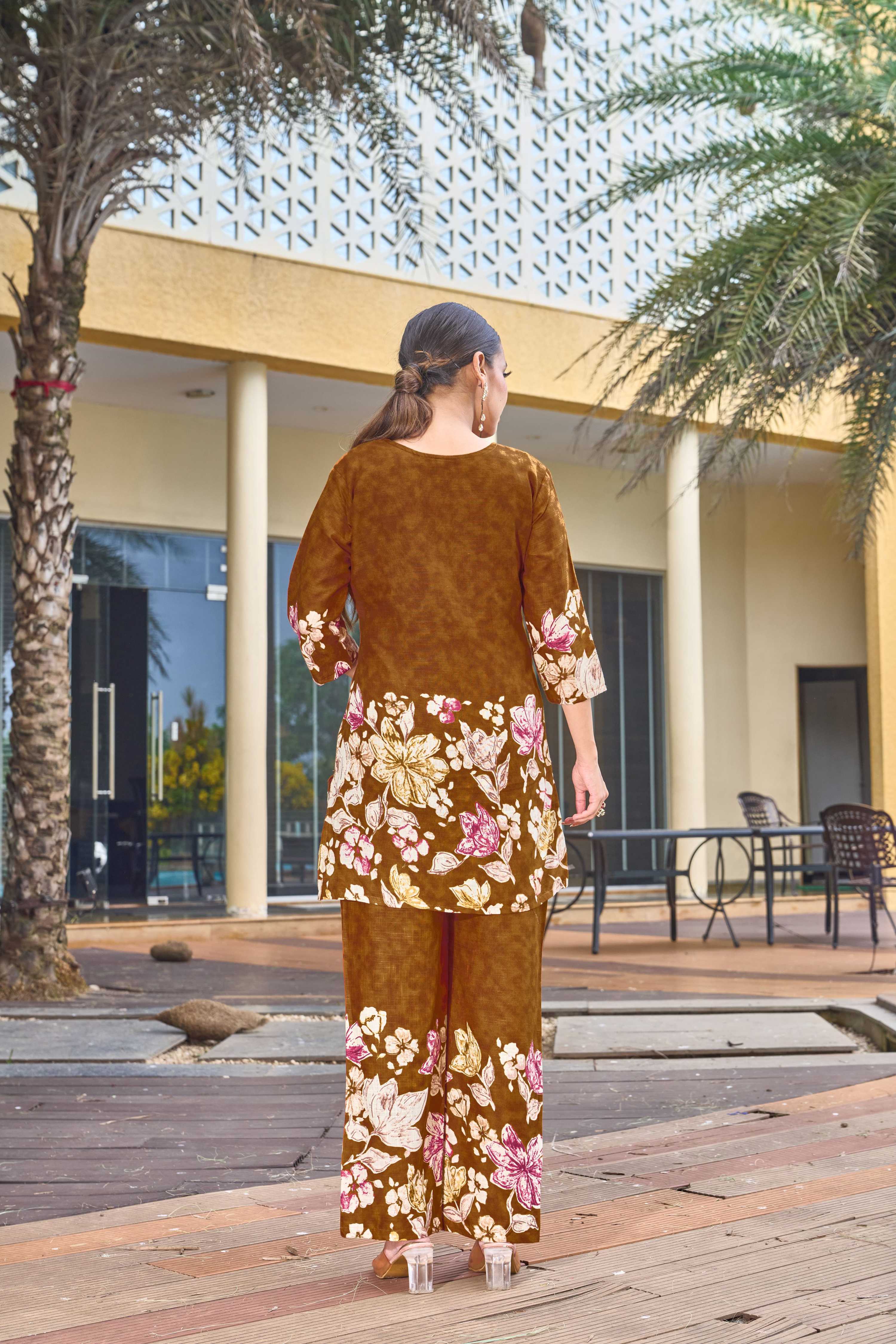 Sonakshi Women's Mustard Cotton Printed Straight Top & Bottom Set | Grocsy