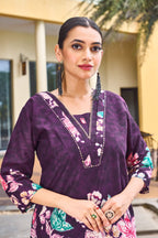 Sonakshi Women's Wine Cotton Printed Straight Top & Bottom Set | Grocsy