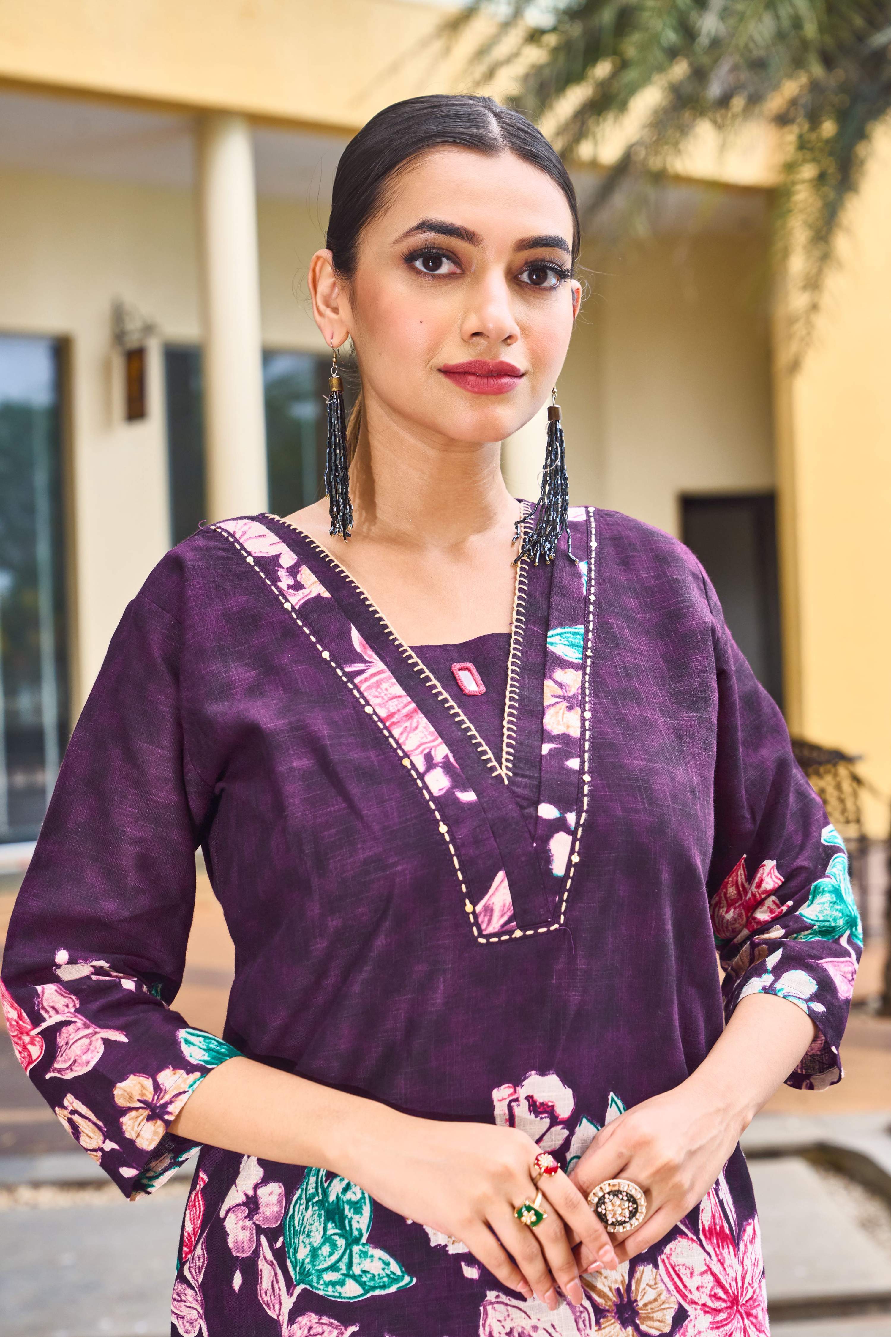 Sonakshi Women's Wine Cotton Printed Straight Top & Bottom Set | Grocsy