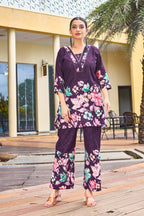 Sonakshi Women's Wine Cotton Printed Straight Top & Bottom Set | Grocsy