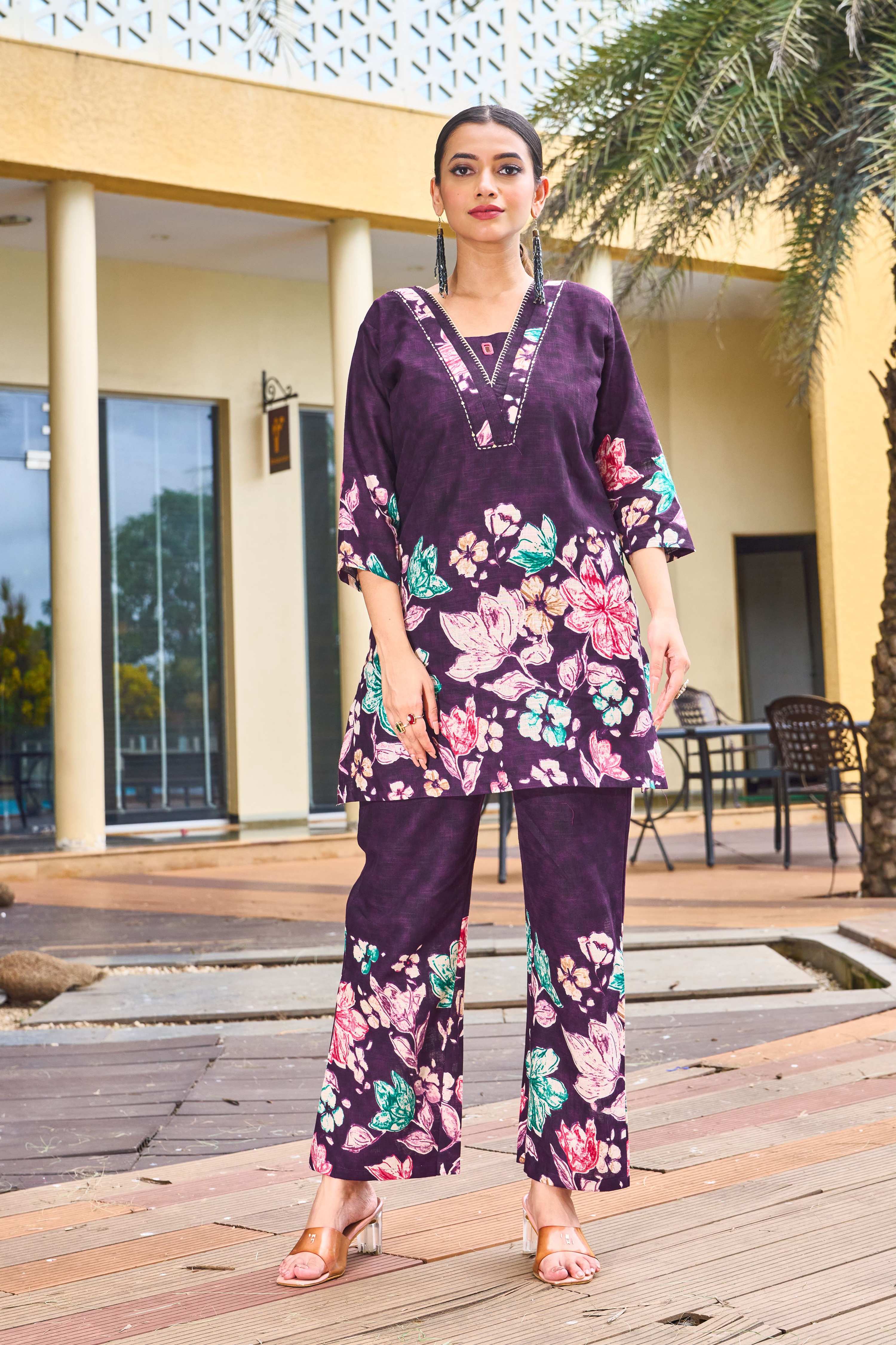 Sonakshi Women's Wine Cotton Printed Straight Top & Bottom Set | Grocsy