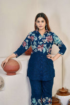 Sonakshi Women's Teal Cotton Printed Straight Top & Bottom Set | Grocsy