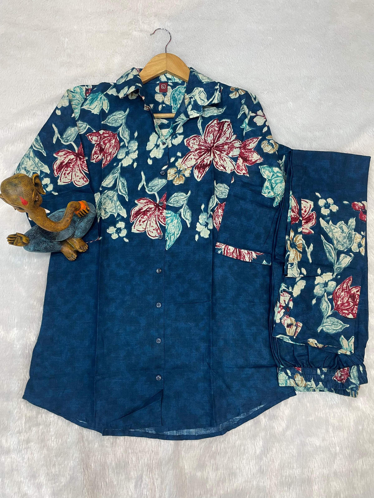 Sonakshi Women's Teal Cotton Printed Straight Top & Bottom Set | Grocsy