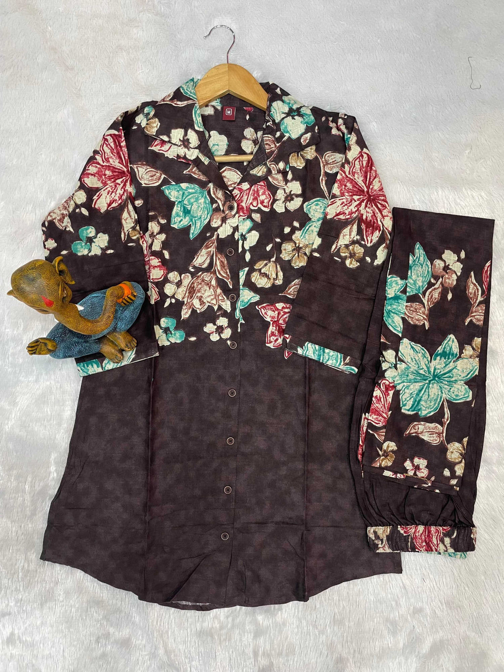 Sonakshi Women's Coffee Cotton Printed Straight Top & Bottom Set | Grocsy
