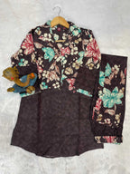 Sonakshi Women's Coffee Cotton Printed Straight Top & Bottom Set | Grocsy