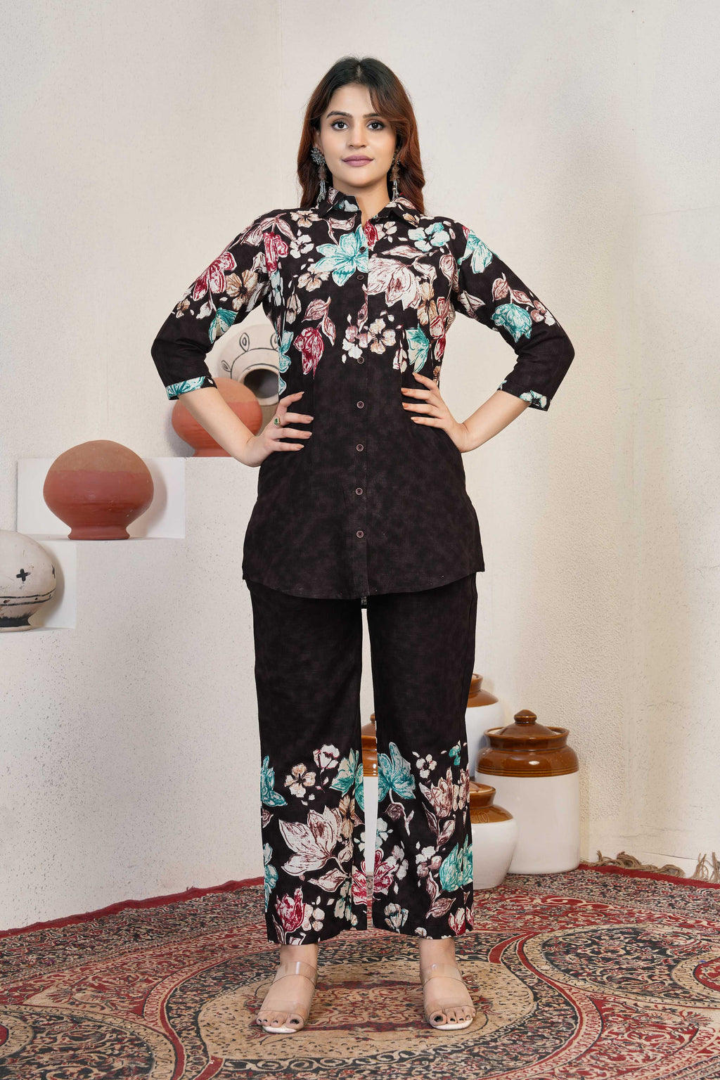 Sonakshi Women's Coffee Cotton Printed Straight Top & Bottom Set | Grocsy