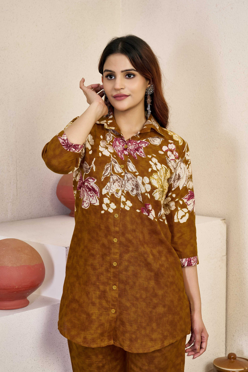 Sonakshi Women's Mustard Cotton Printed Straight Top & Bottom Set | Grocsy