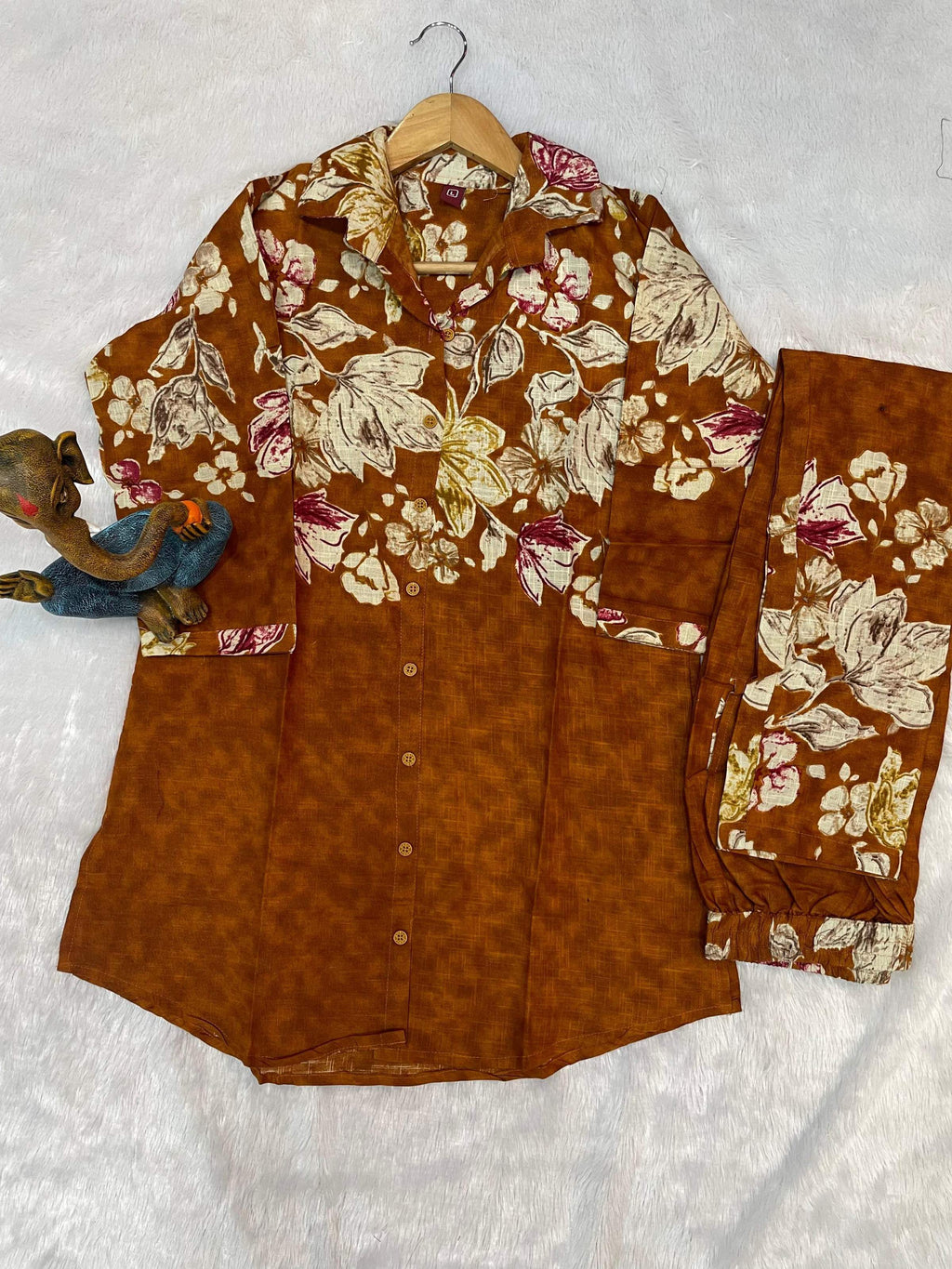 Sonakshi Women's Mustard Cotton Printed Straight Top & Bottom Set | Grocsy