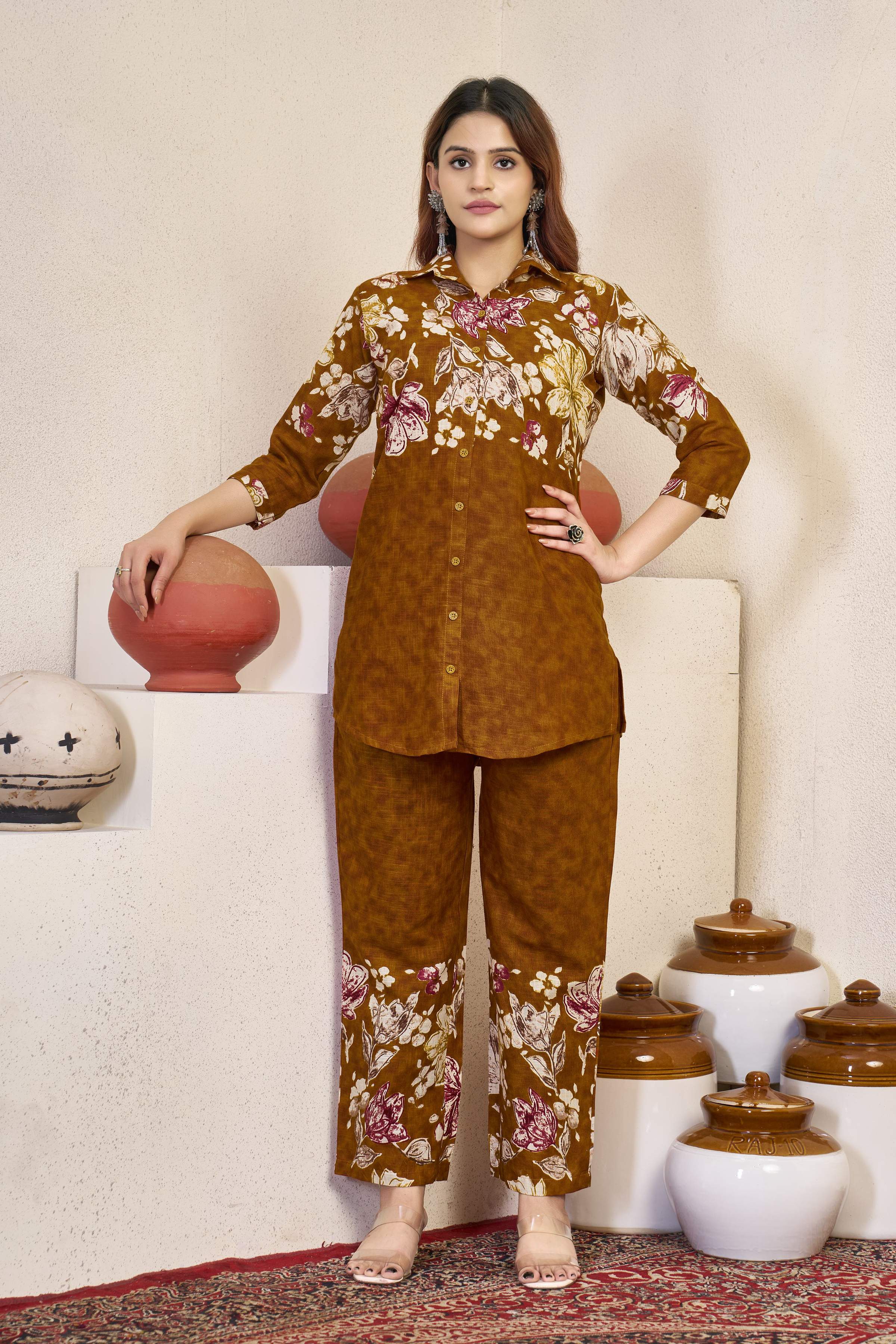 Sonakshi Women's Mustard Cotton Printed Straight Top & Bottom Set | Grocsy