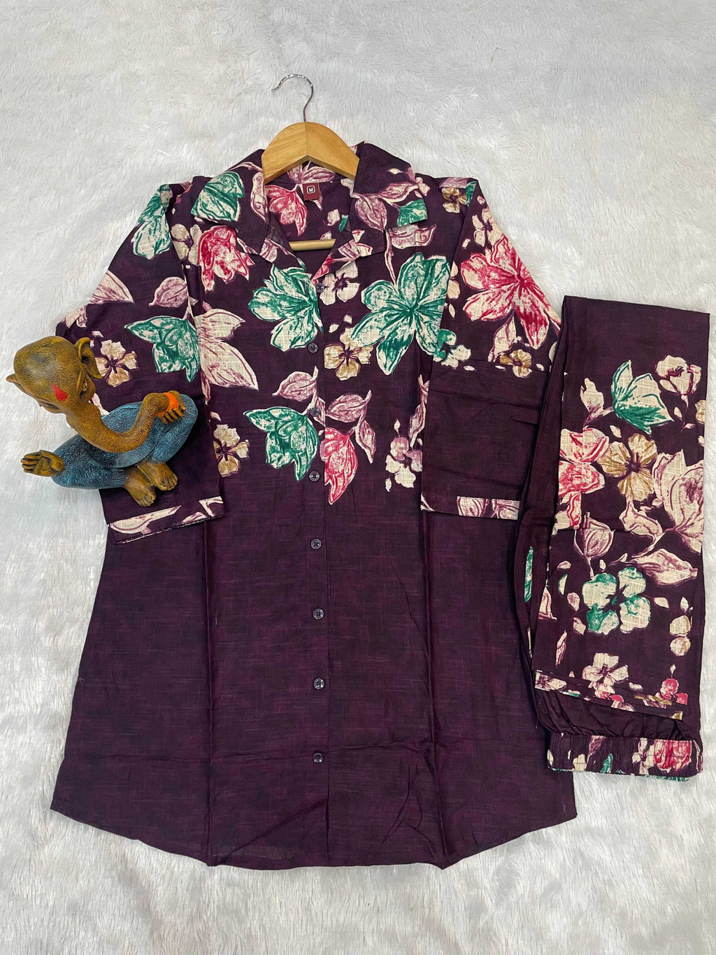 Sonakshi Women's Wine Cotton Printed Straight Top & Bottom Set | Grocsy