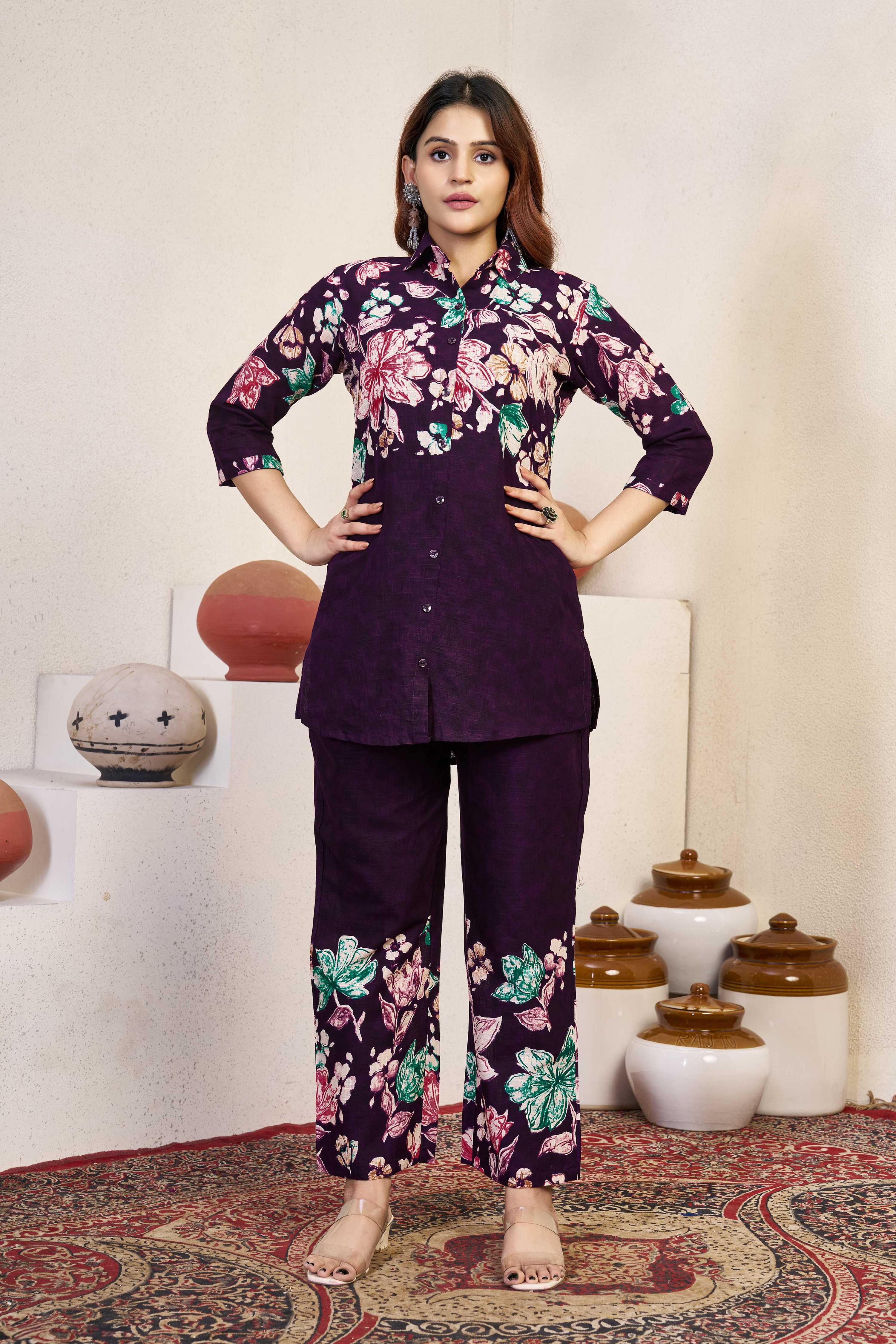 Sonakshi Women's Wine Cotton Printed Straight Top & Bottom Set | Grocsy