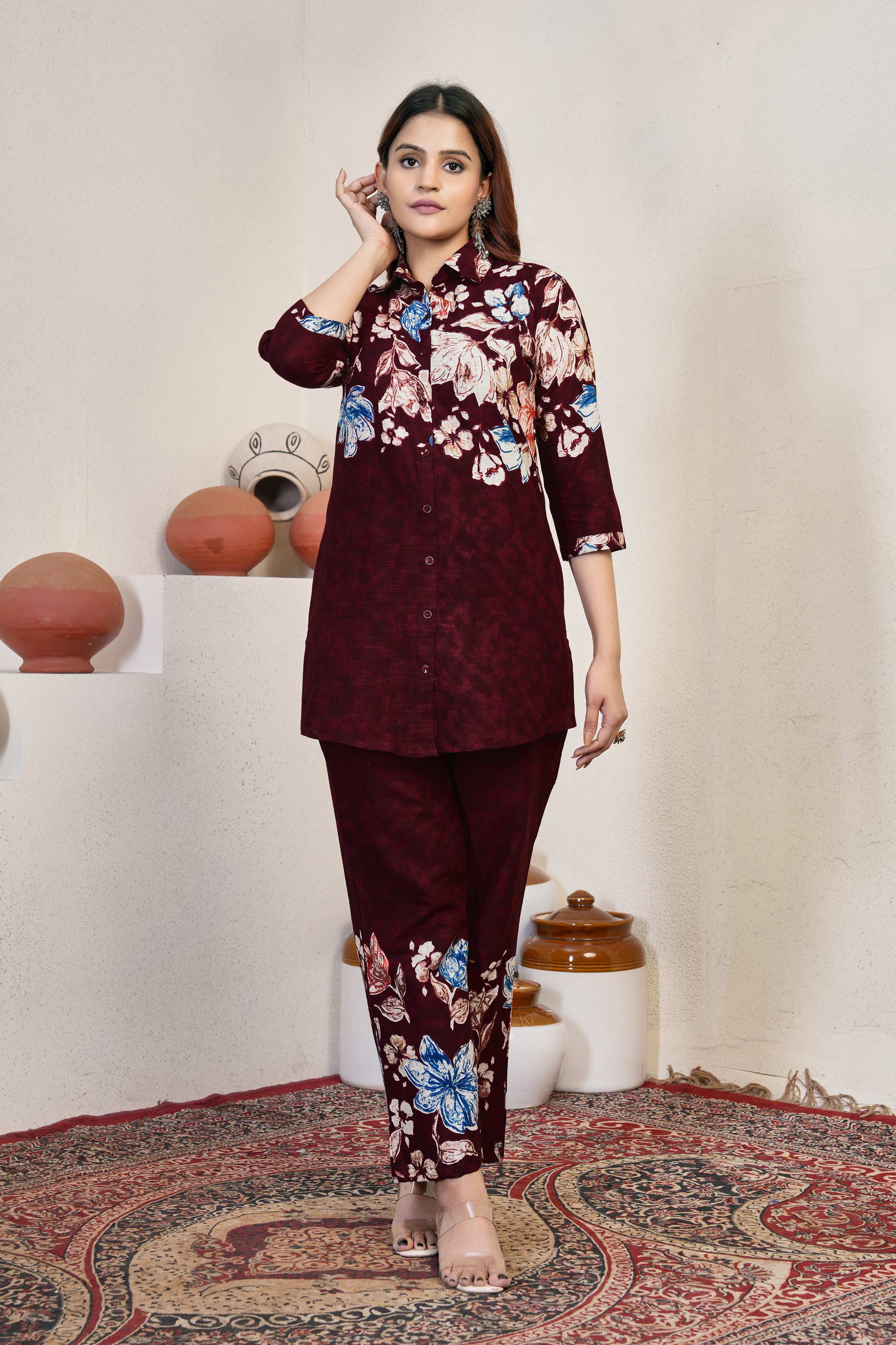 Sonakshi Women's Maroon Cotton Printed Straight Top & Bottom Set | Grocsy