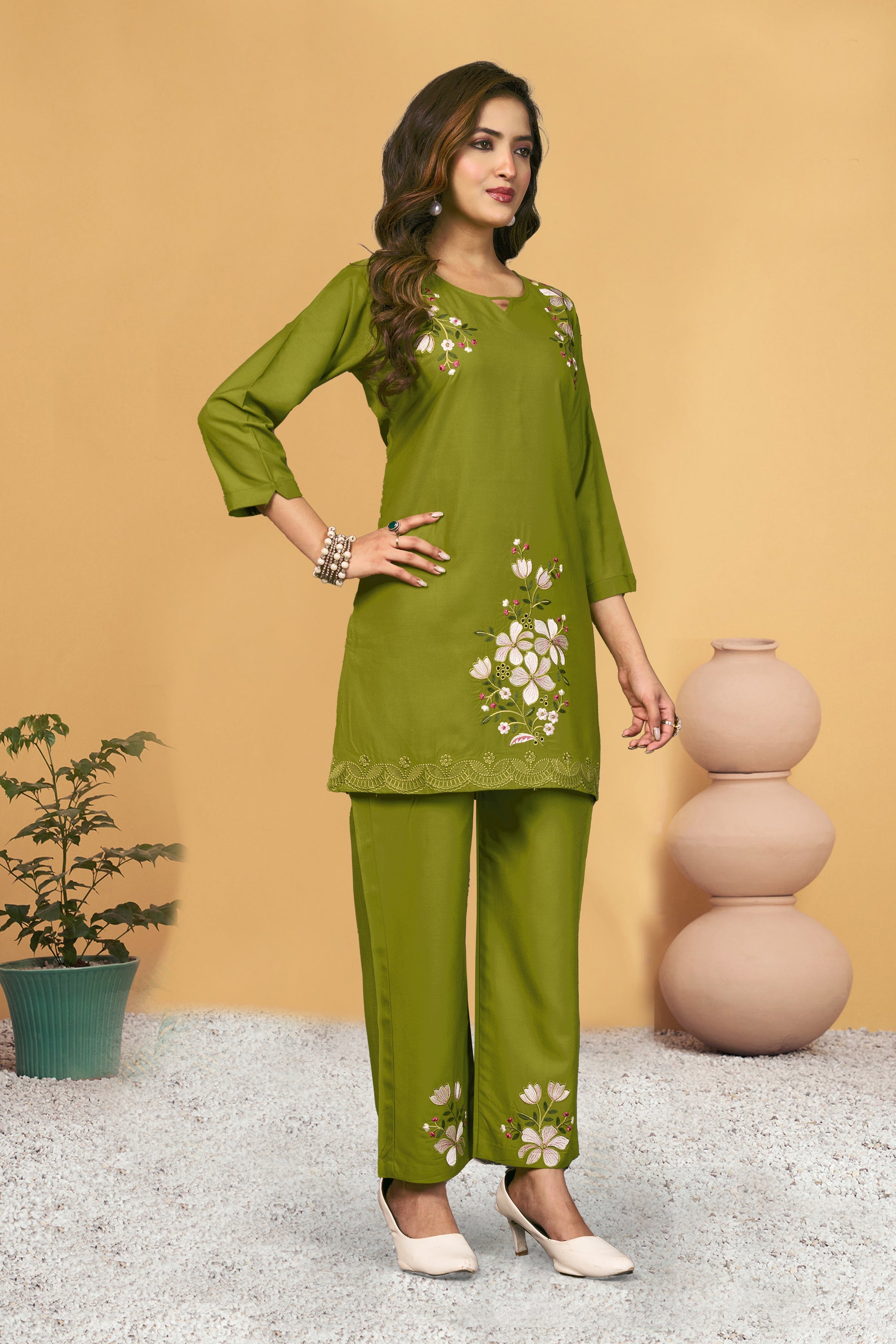 Sonakshi Women's Green Viscose Rayon Embroidered Straight Top & Bottom Set | Grocsy