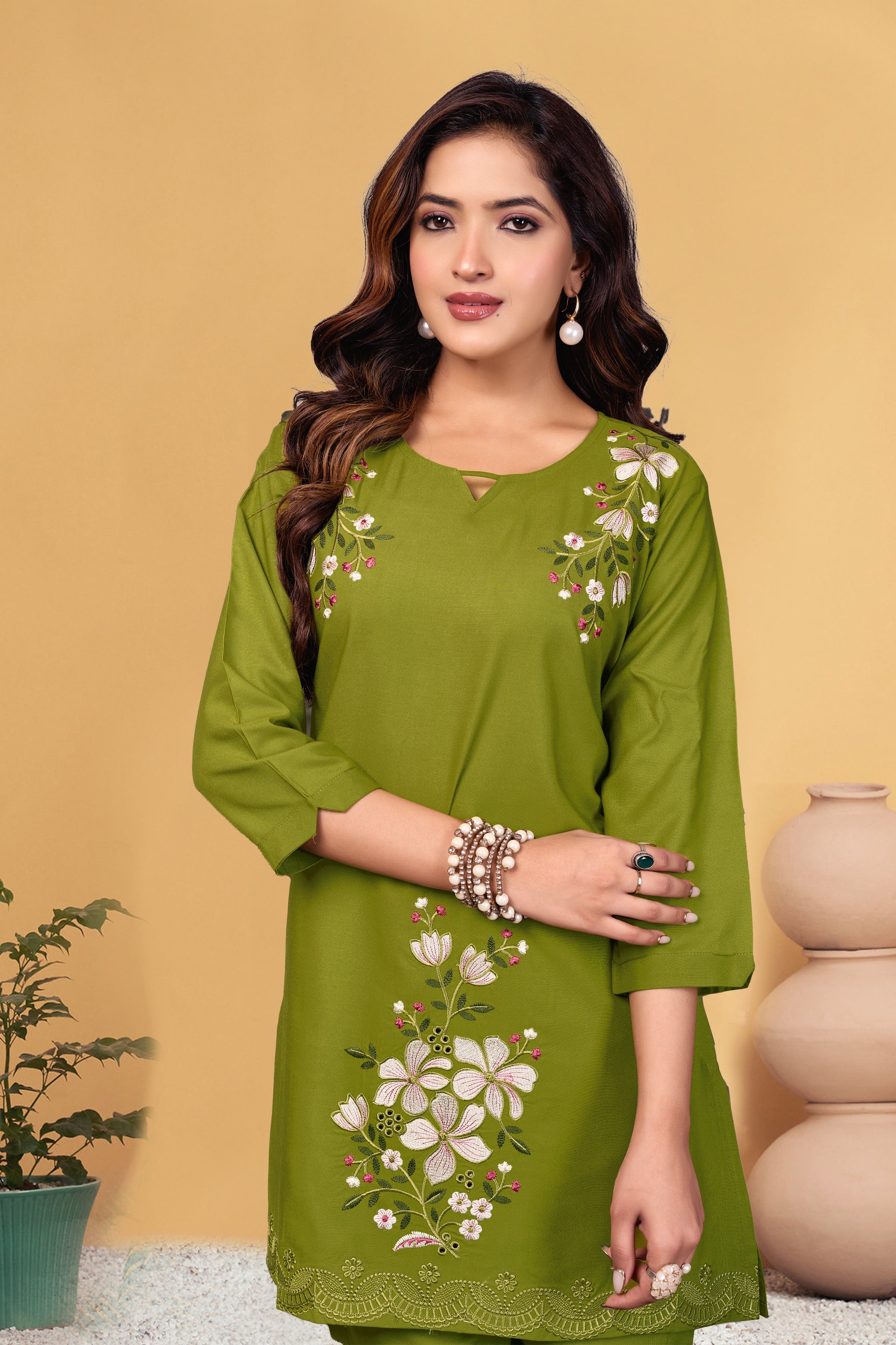 Sonakshi Women's Green Viscose Rayon Embroidered Straight Top & Bottom Set | Grocsy