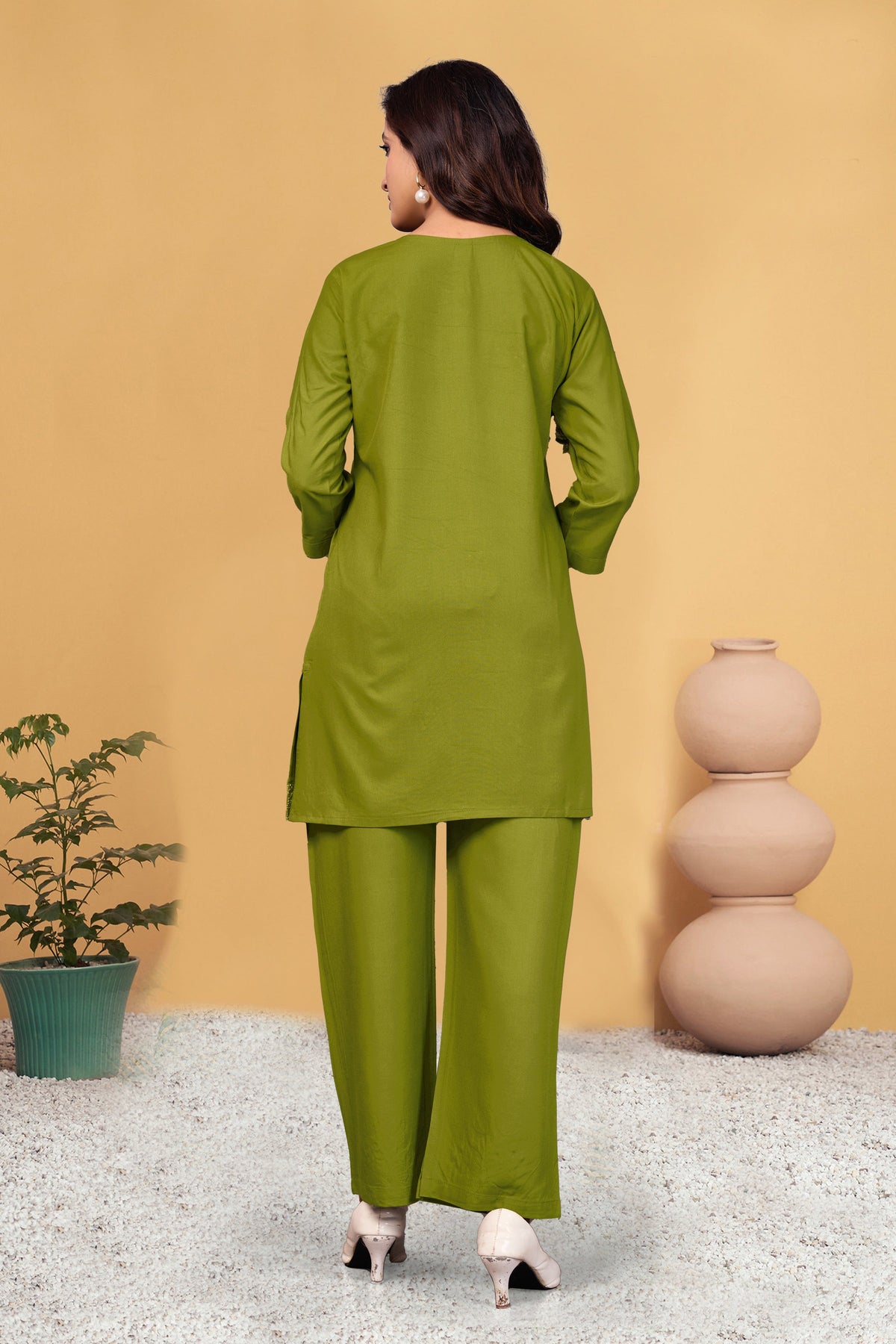 Sonakshi Women's Green Viscose Rayon Embroidered Straight Top & Bottom Set | Grocsy