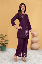 Sonakshi Women's Wine Viscose Rayon Embroidered Straight Top & Bottom Set | Grocsy