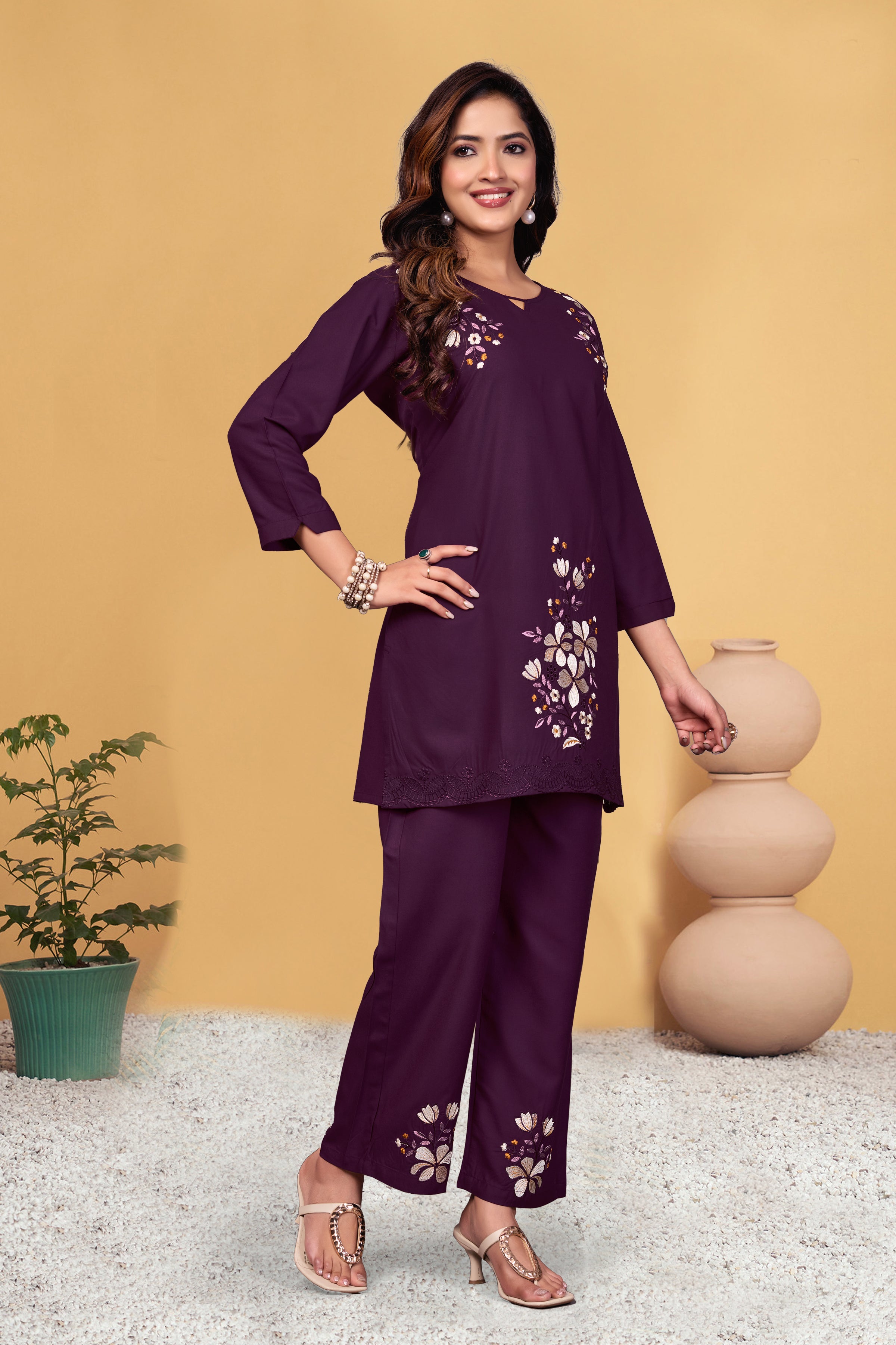 Sonakshi Women's Wine Viscose Rayon Embroidered Straight Top & Bottom Set | Grocsy