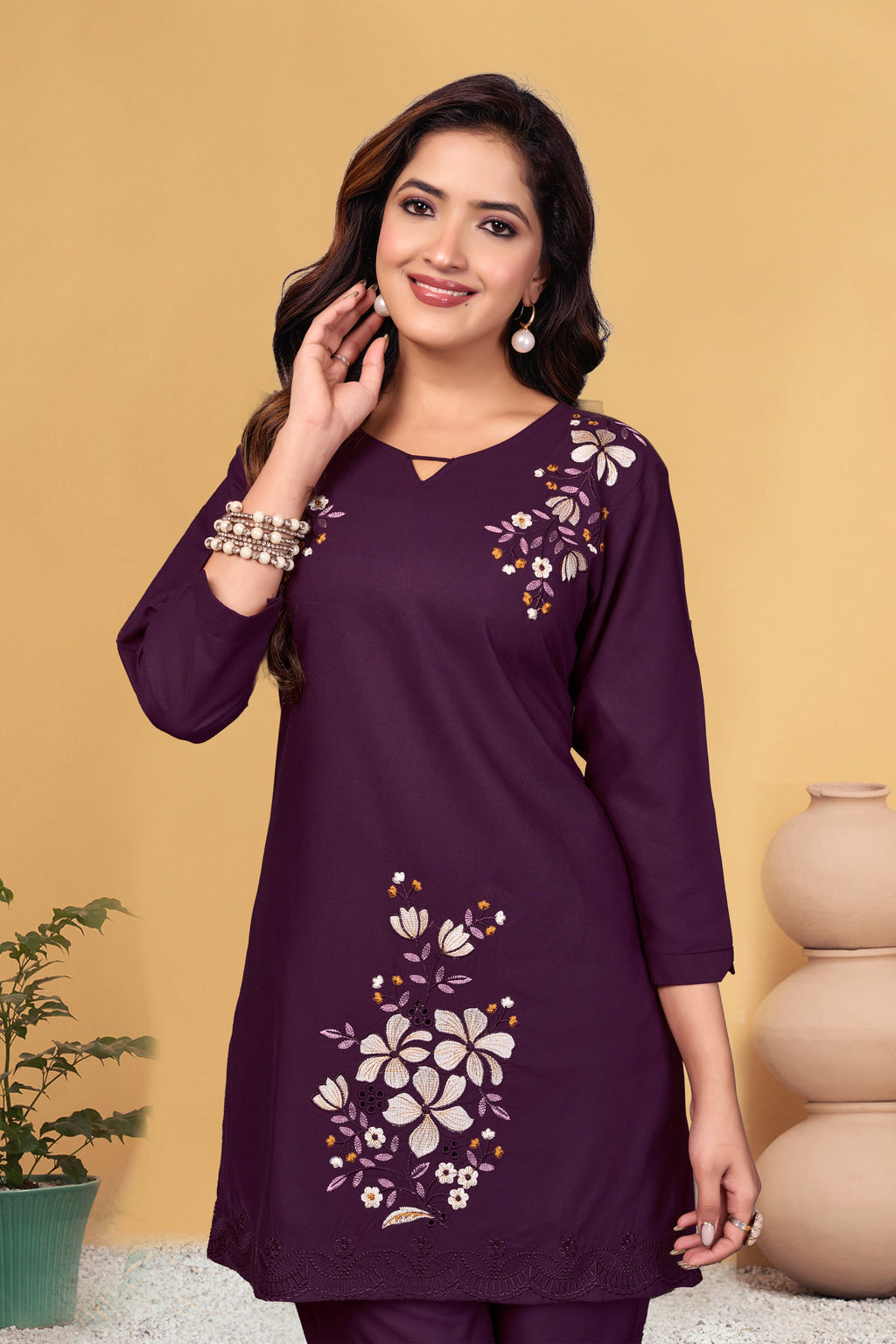 Sonakshi Women's Wine Viscose Rayon Embroidered Straight Top & Bottom Set | Grocsy