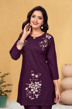 Sonakshi Women's Wine Viscose Rayon Embroidered Straight Top & Bottom Set | Grocsy