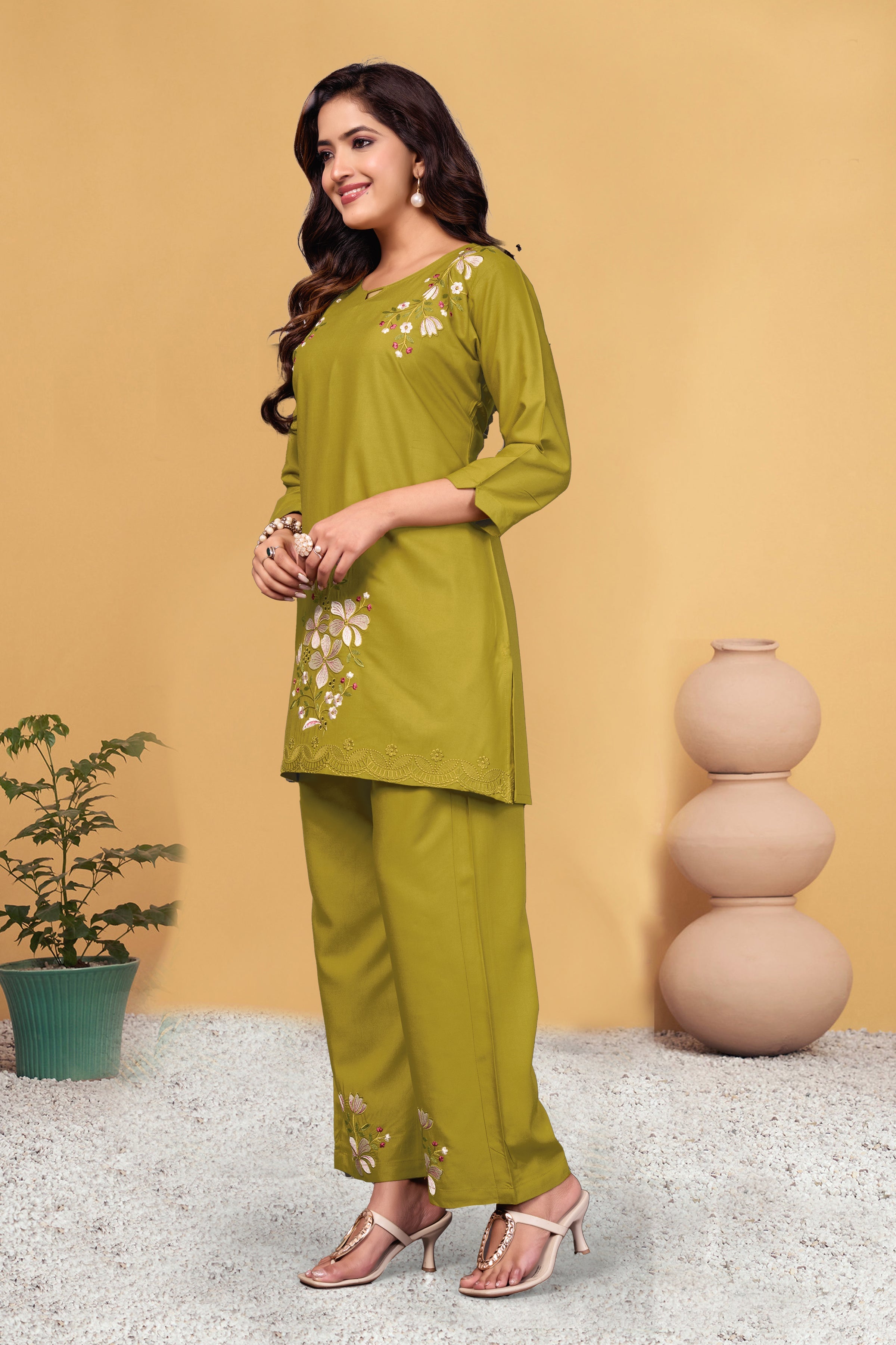 Sonakshi Women's Mehendi Viscose Rayon Embroidered Straight Top & Bottom Set | Grocsy