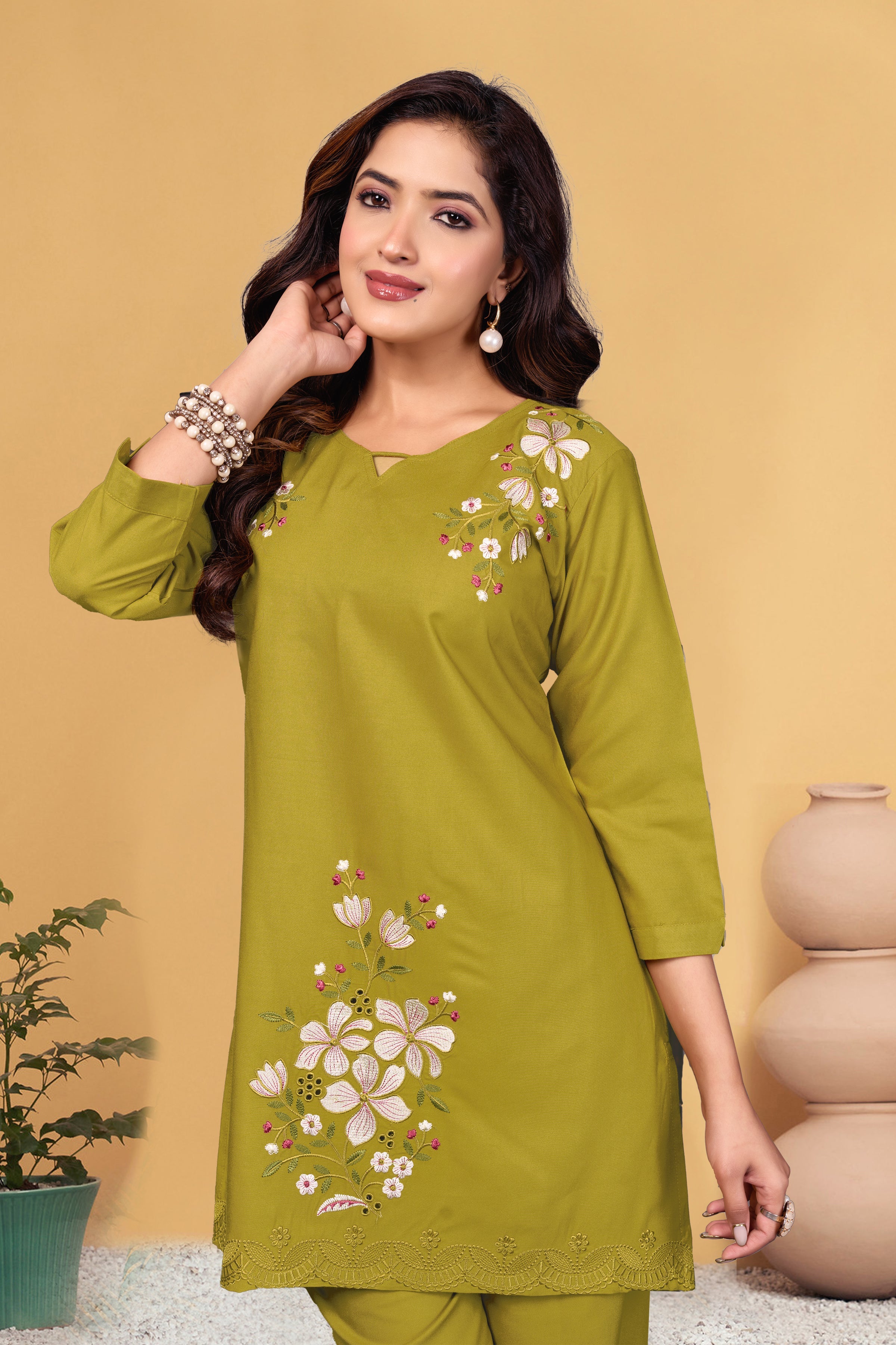 Sonakshi Women's Mehendi Viscose Rayon Embroidered Straight Top & Bottom Set | Grocsy