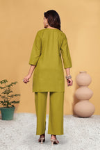 Sonakshi Women's Mehendi Viscose Rayon Embroidered Straight Top & Bottom Set | Grocsy