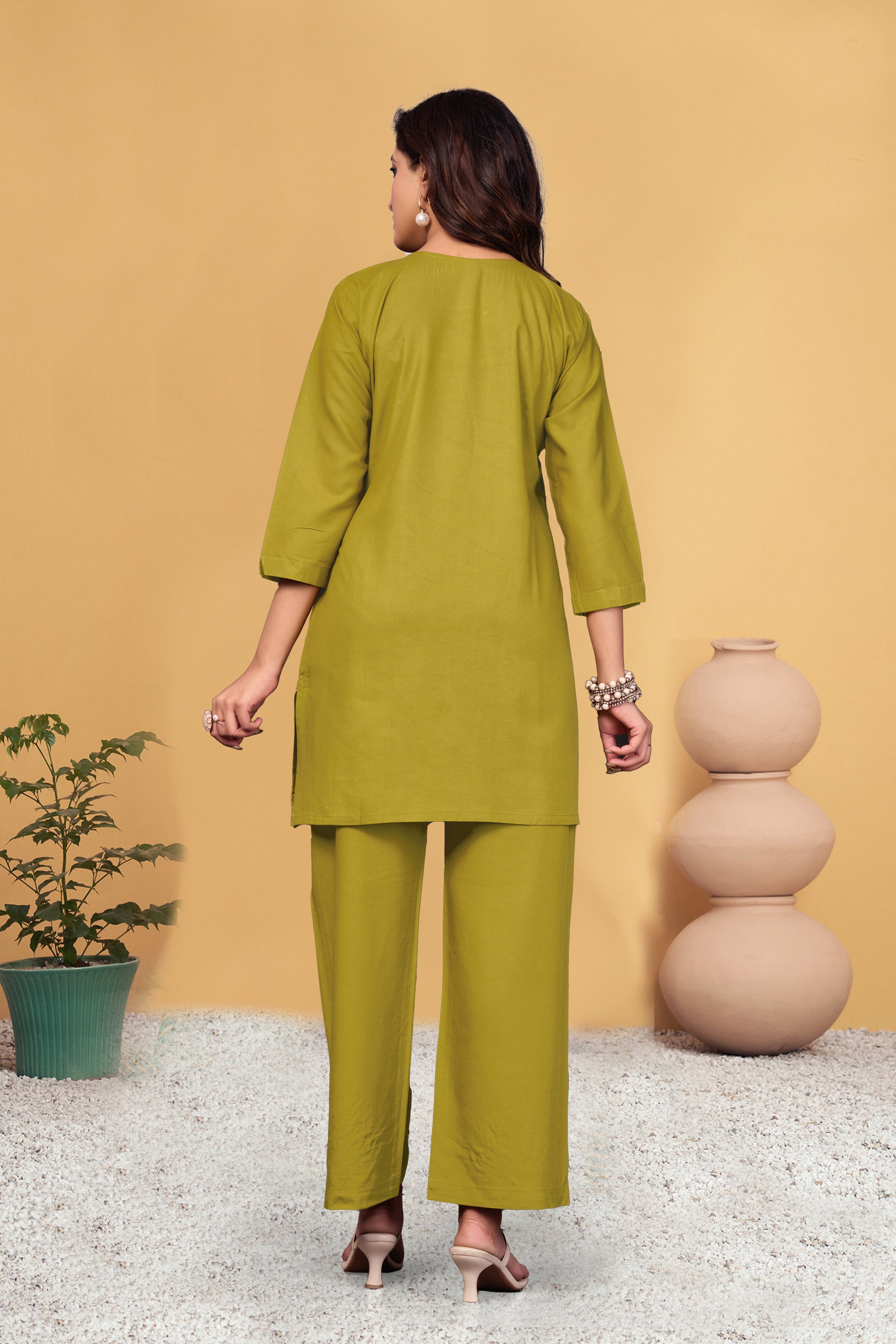 Sonakshi Women's Mehendi Viscose Rayon Embroidered Straight Top & Bottom Set | Grocsy