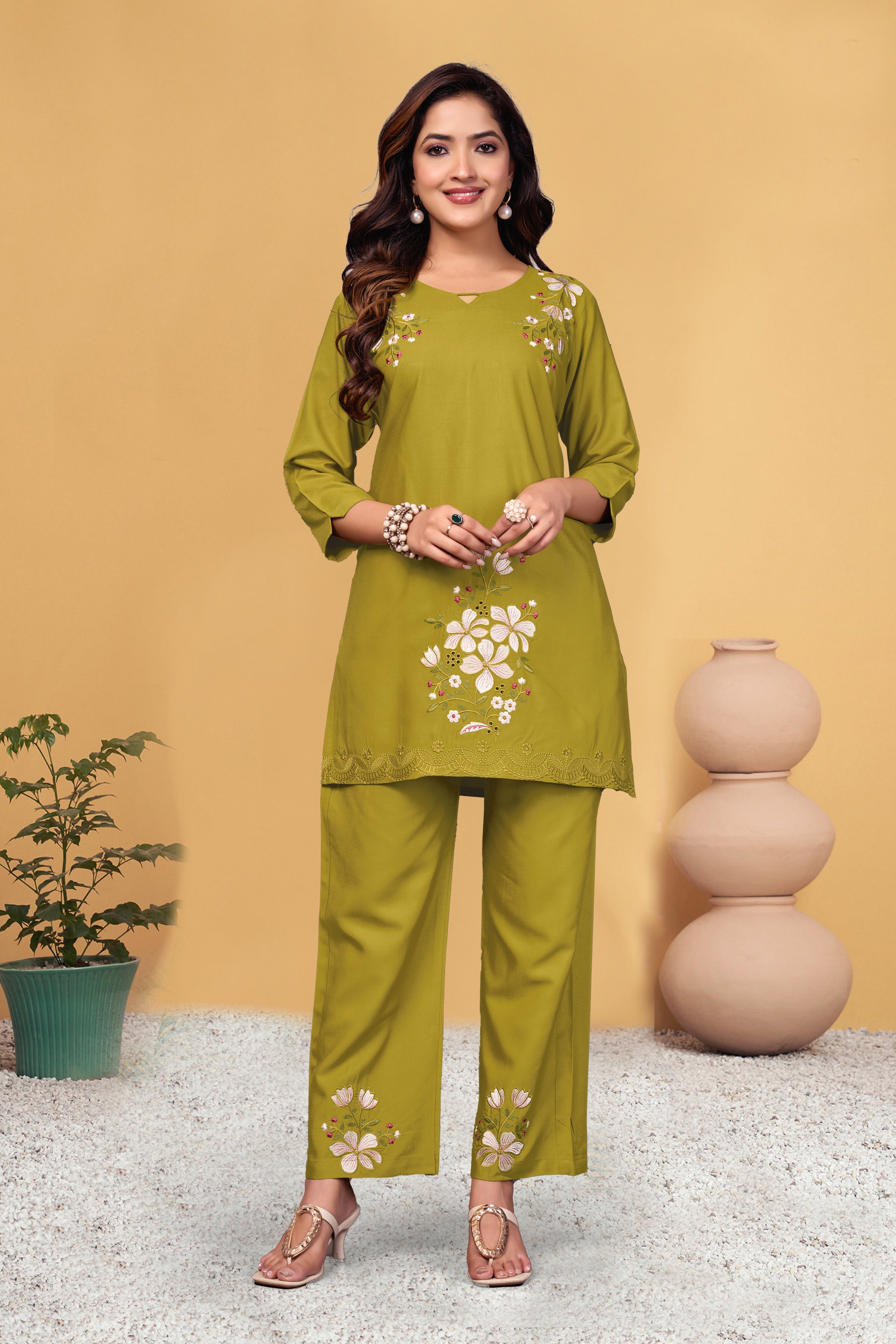 Sonakshi Women's Mehendi Viscose Rayon Embroidered Straight Top & Bottom Set | Grocsy