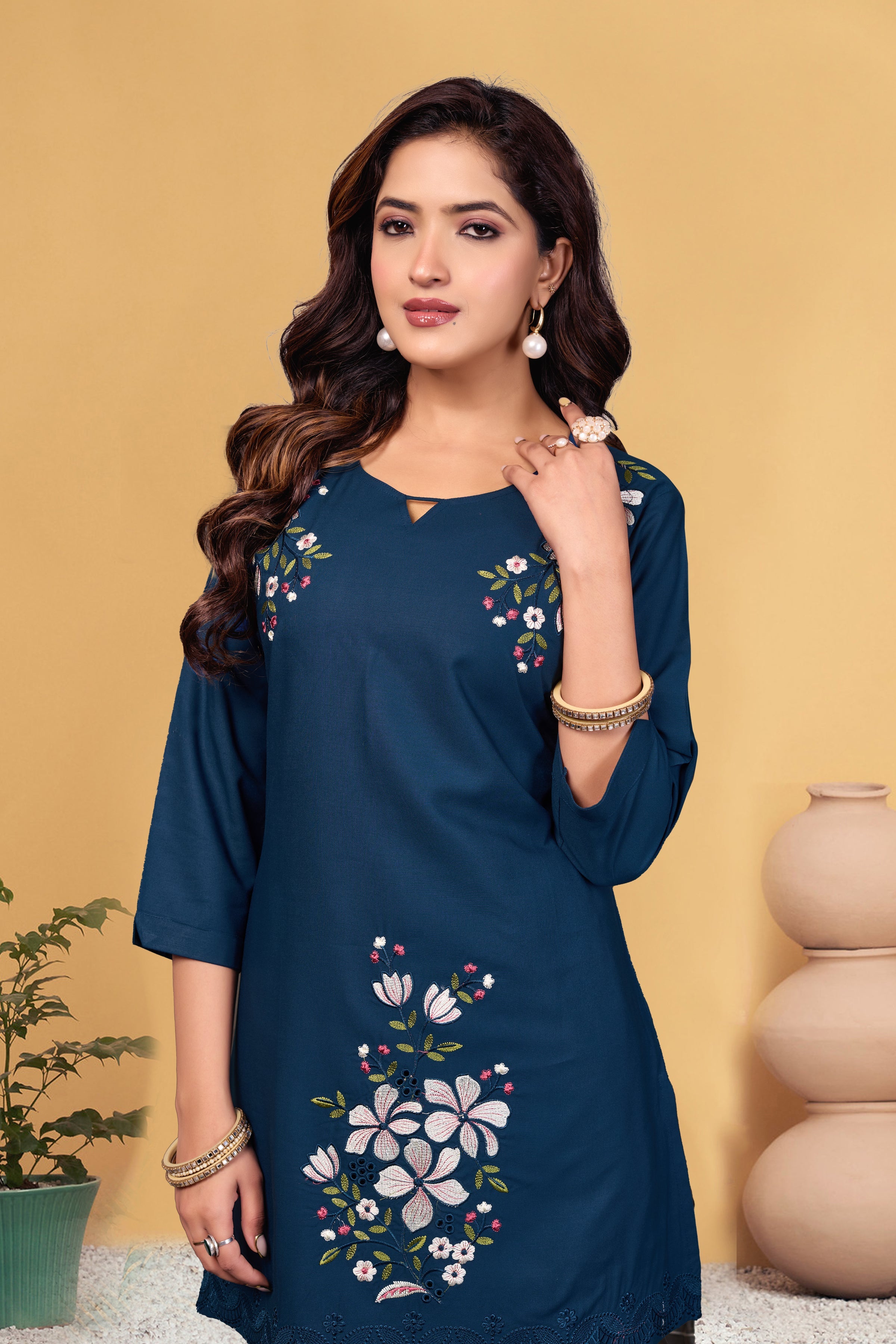 Sonakshi Women's Teal Viscose Rayon Embroidered Straight Top & Bottom Set | Grocsy