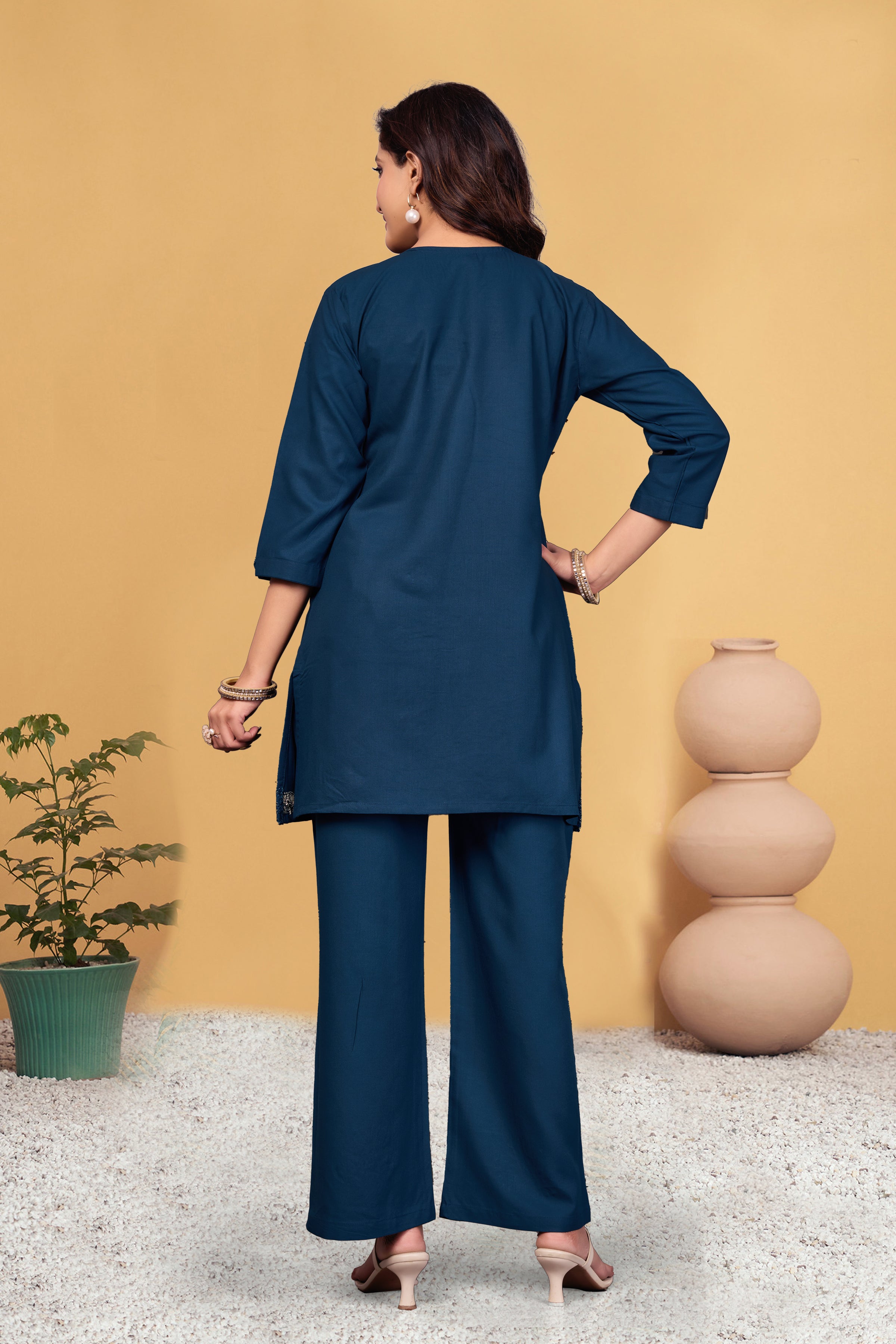 Sonakshi Women's Teal Viscose Rayon Embroidered Straight Top & Bottom Set | Grocsy
