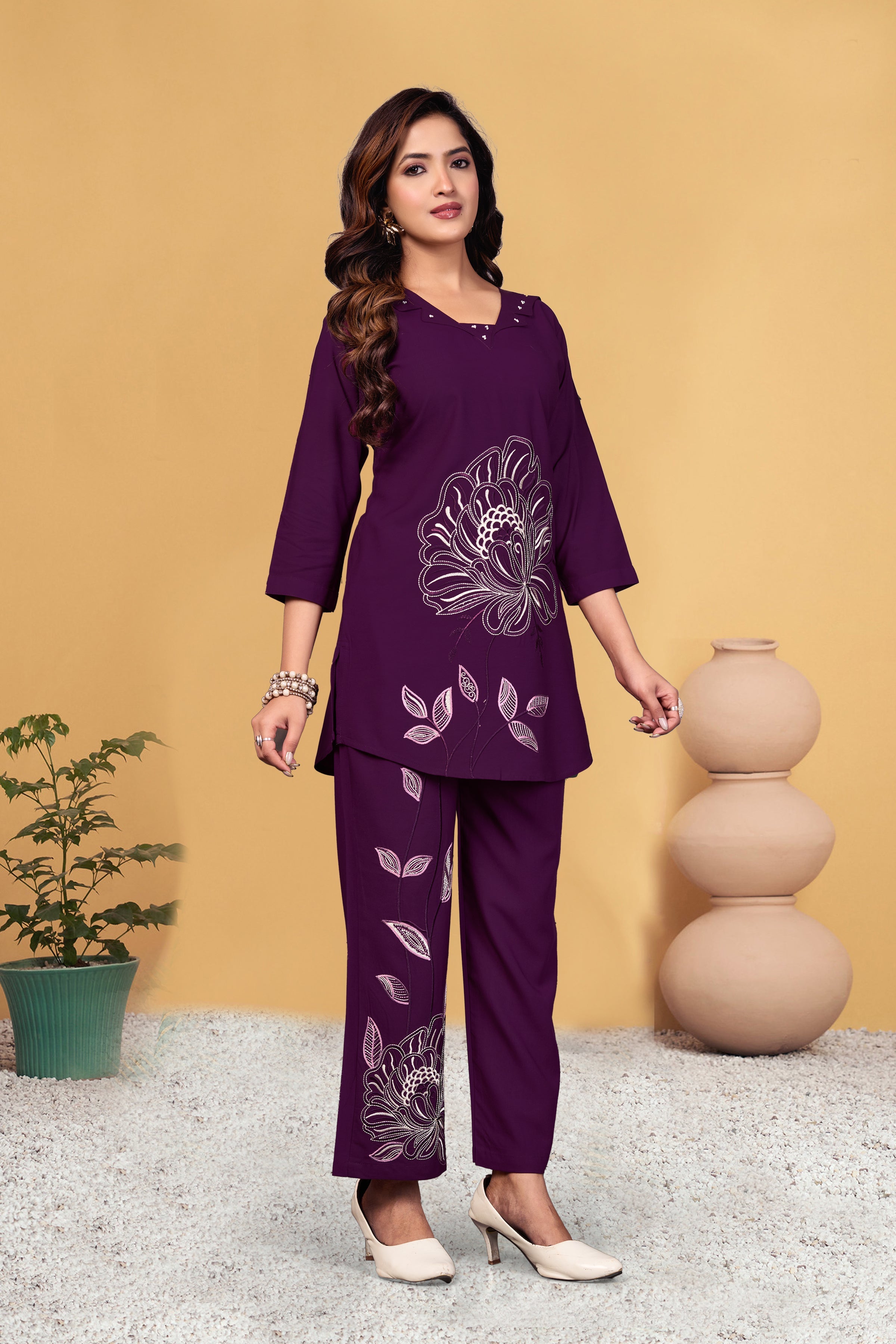 Sonakshi Women's Wine Viscose Rayon Embroidered Straight Top & Bottom Set | Grocsy