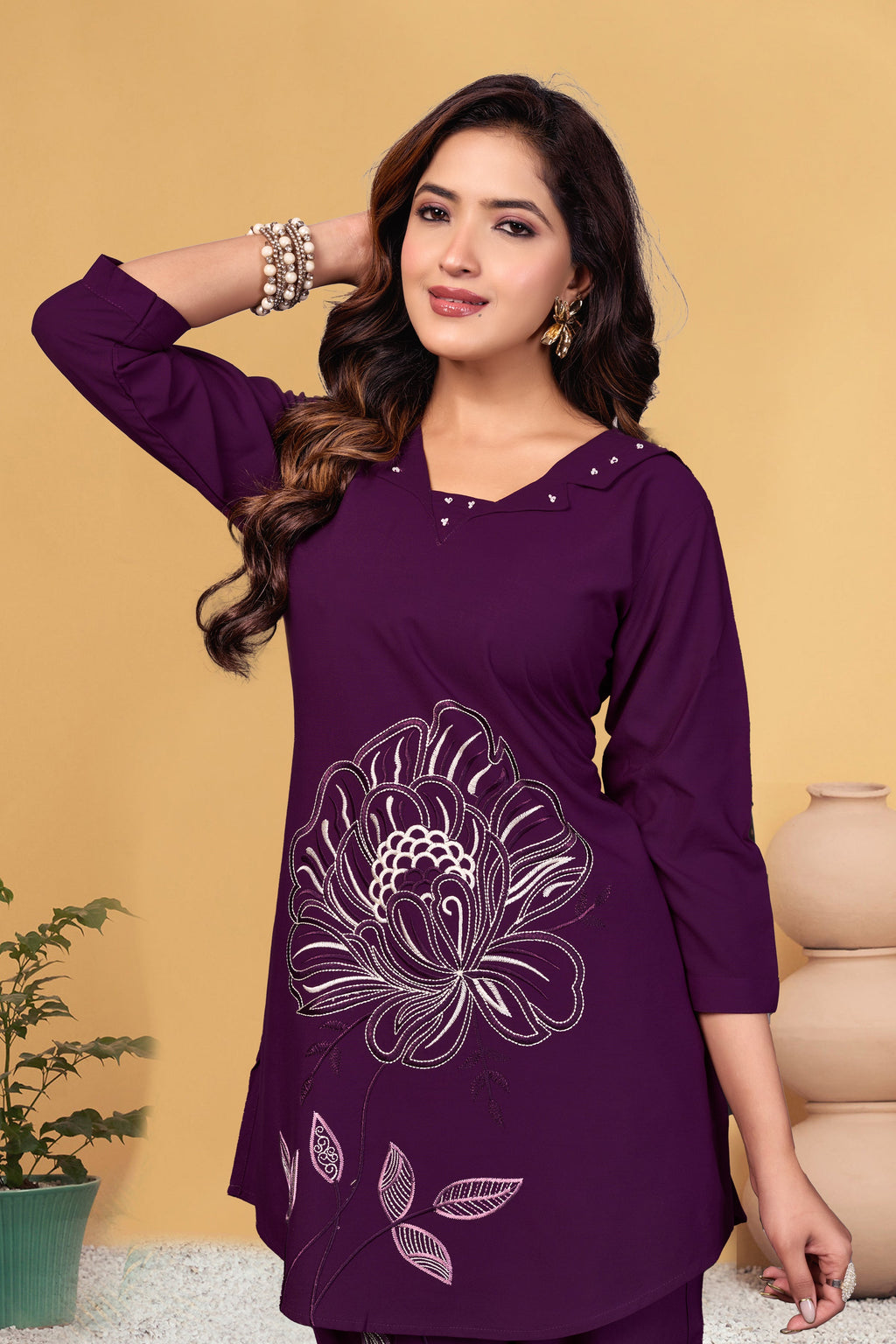 Sonakshi Women's Wine Viscose Rayon Embroidered Straight Top & Bottom Set | Grocsy