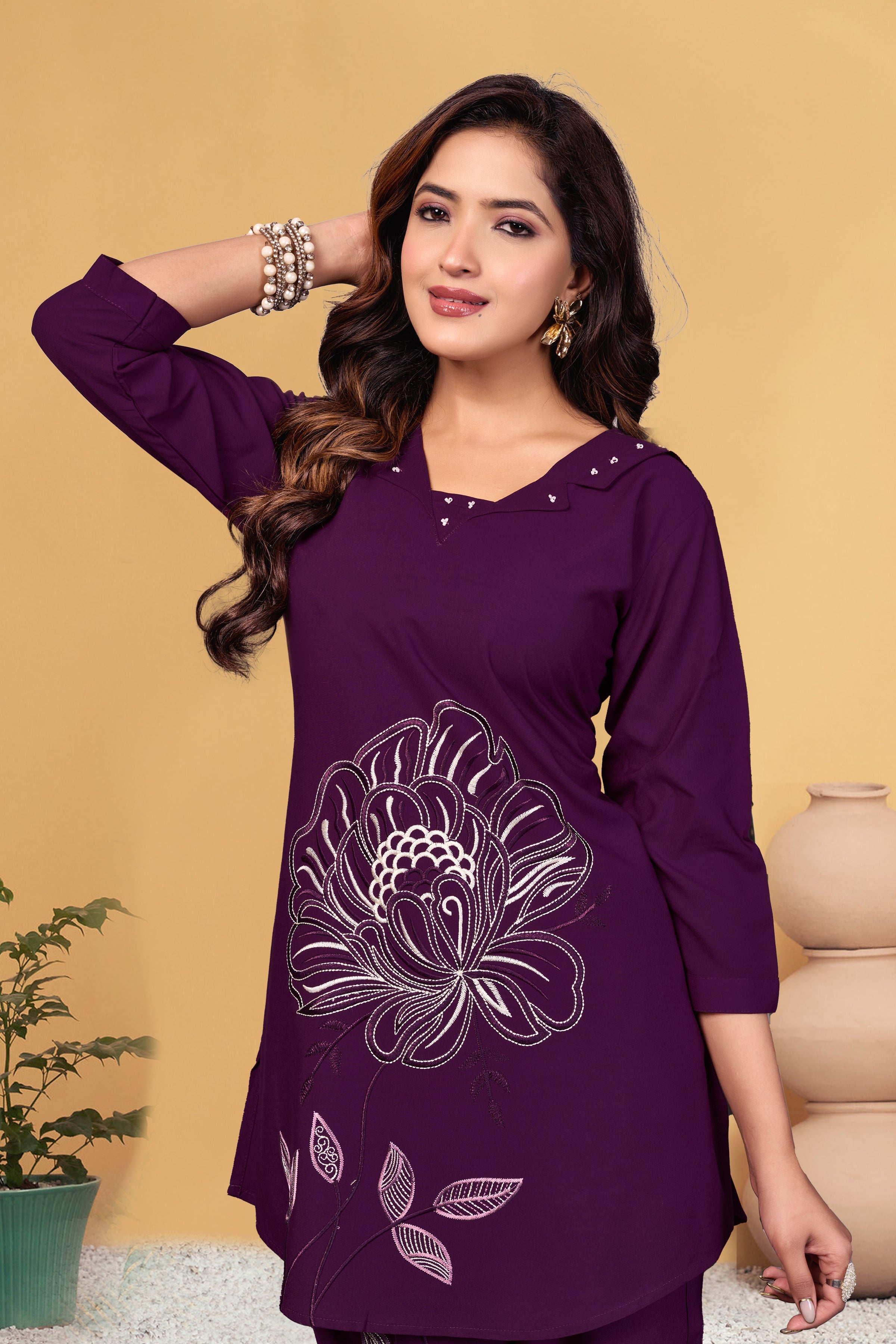 Sonakshi Women's Wine Viscose Rayon Embroidered Straight Top & Bottom Set | Grocsy