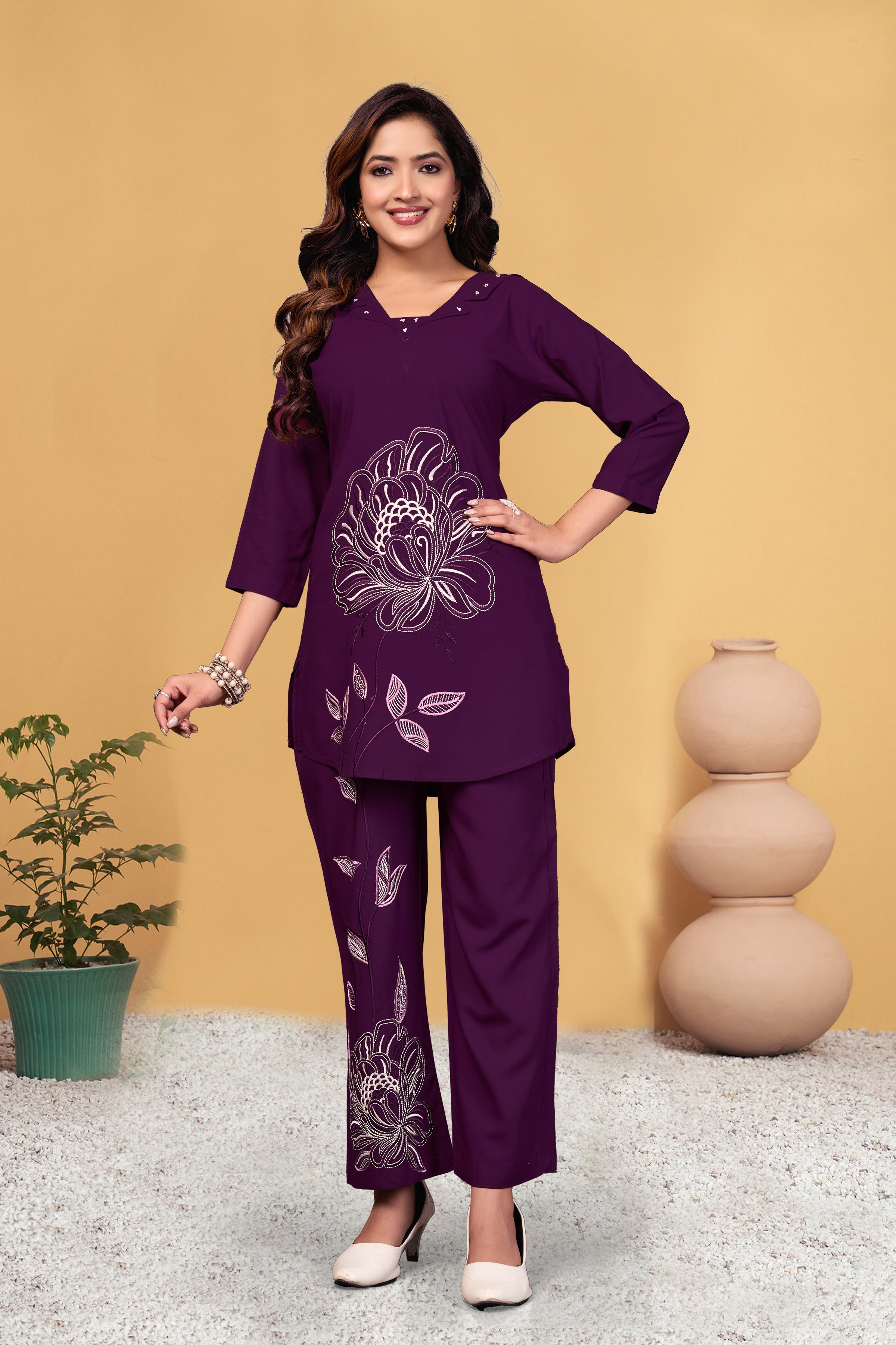 Sonakshi Women's Wine Viscose Rayon Embroidered Straight Top & Bottom Set | Grocsy