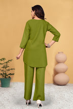 Sonakshi Women's Green Viscose Rayon Embroidered Straight Top & Bottom Set | Grocsy