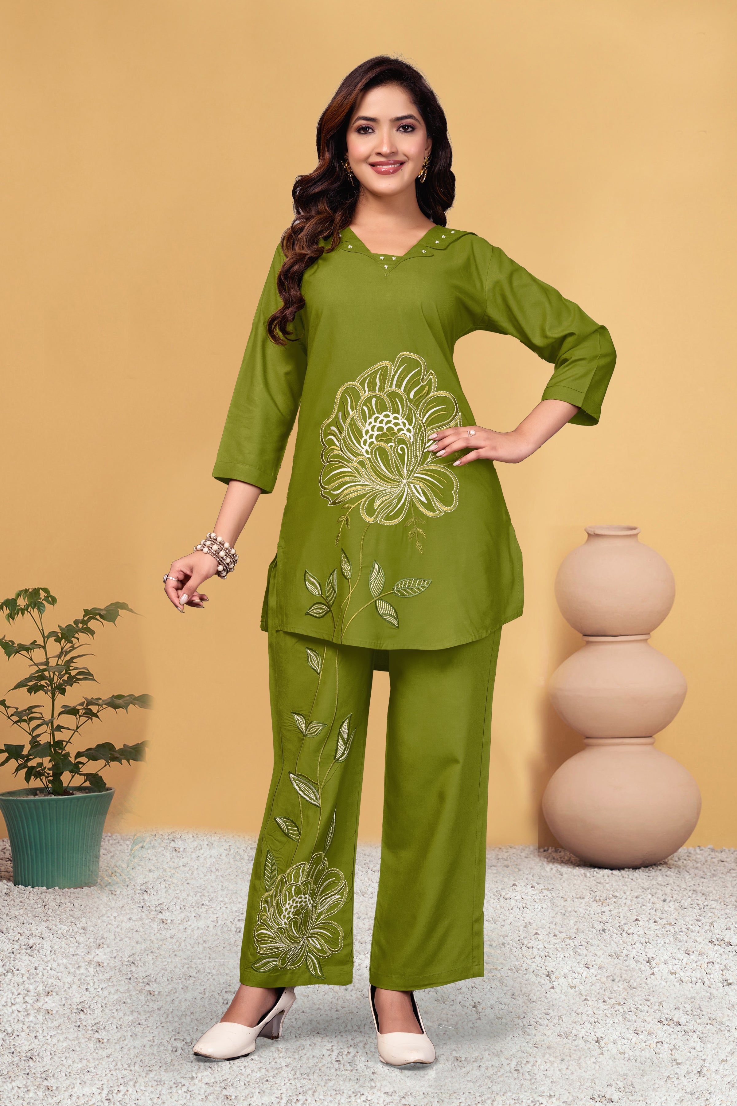 Sonakshi Women's Green Viscose Rayon Embroidered Straight Top & Bottom Set | Grocsy