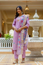 Sonakshi Women's Lavender Viscose Gadhwal Embroidered Beads Kurta Set with Dupatta | Grocsy