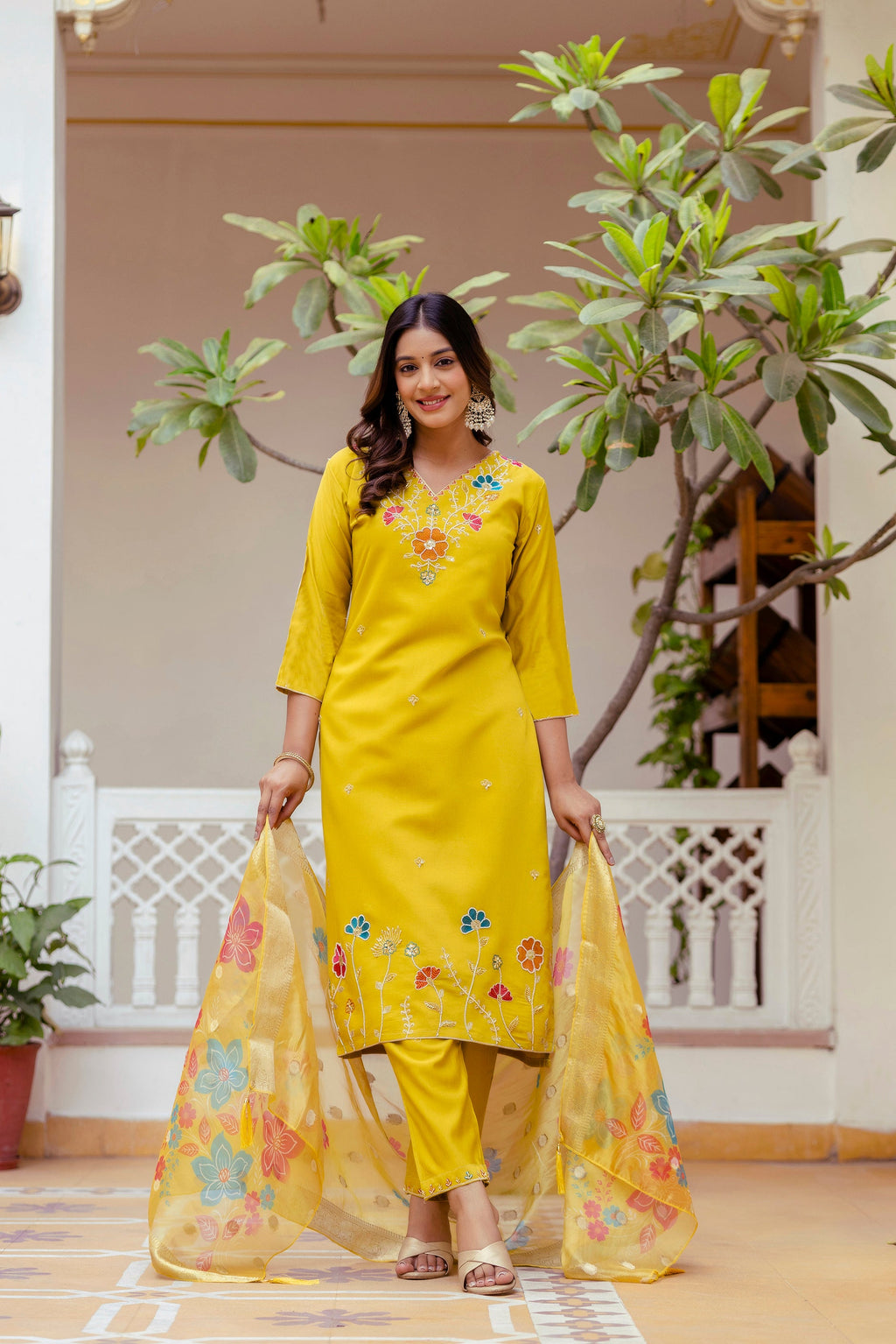 Sonakshi Women's Yellow Viscose Gadhwal Embroidered Beads Kurta Set with Dupatta | Grocsy