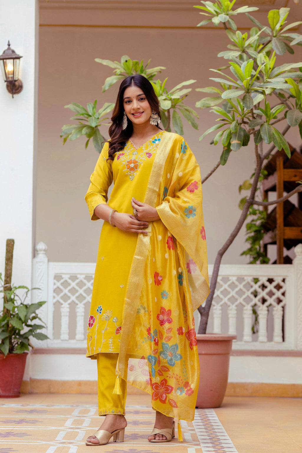 Sonakshi Women's Yellow Viscose Gadhwal Embroidered Beads Kurta Set with Dupatta | Grocsy