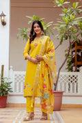 Sonakshi Women's Yellow Viscose Gadhwal Embroidered Beads Kurta Set with Dupatta | Grocsy