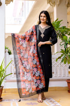 Sonakshi Women's Black Viscose Chanderi Embroidered Kurta Set with Dupatta | Grocsy