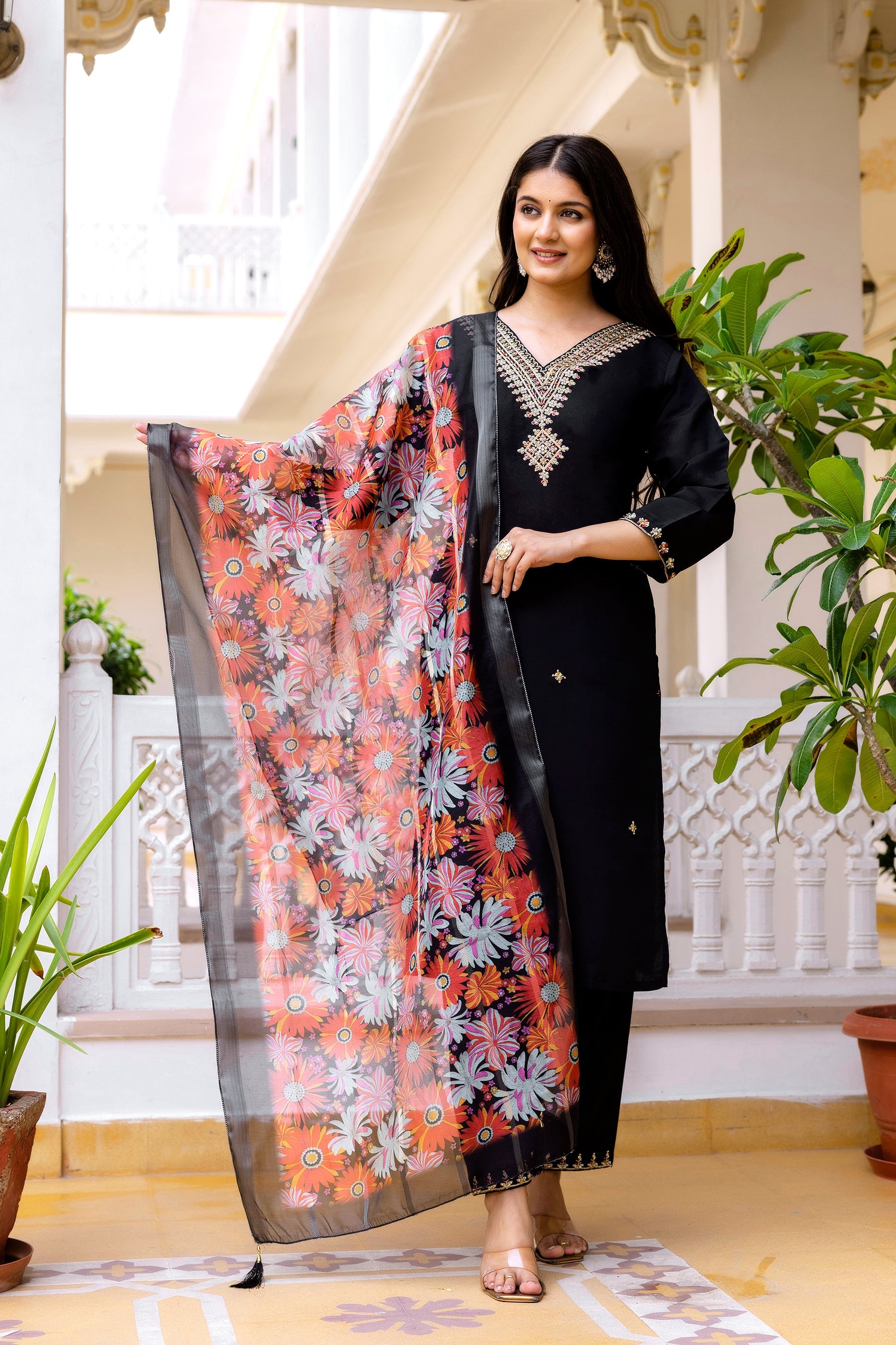 Sonakshi Women's Black Viscose Chanderi Embroidered Kurta Set with Dupatta | Grocsy